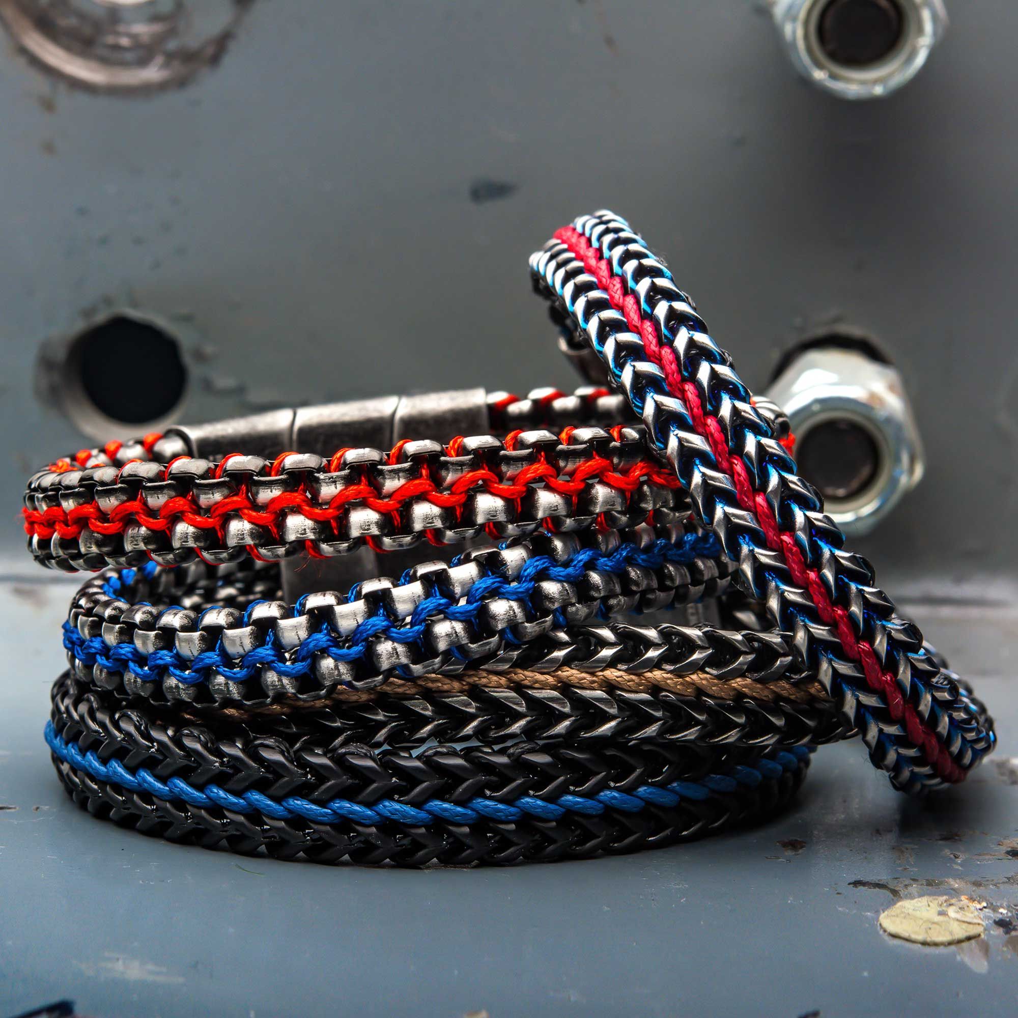 Allegiance Stainless Steel Bracelets with Brown Wax Cord binding 2 Antique Brushed Foxtail Links (brswirb010mbn)