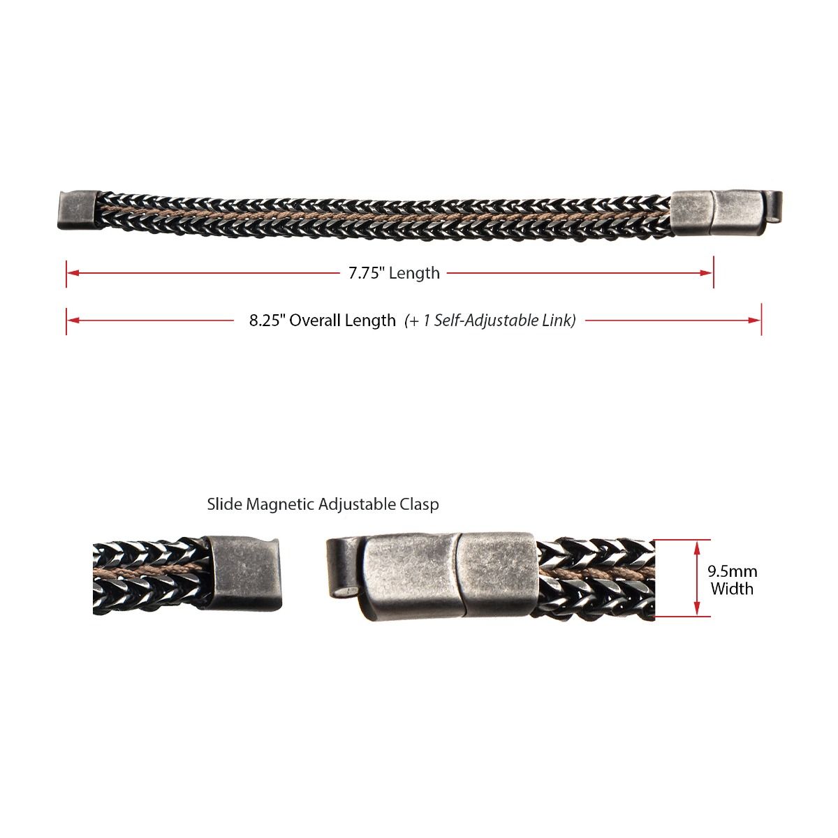 Allegiance Stainless Steel Bracelets with Brown Wax Cord binding 2 Antique Brushed Foxtail Links (brswirb010mbn)
