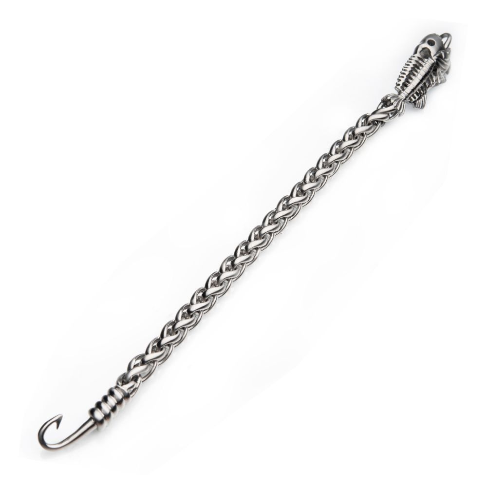 Polished Steel Wheat Chain With Fishbone On Hook Clasp Bracelet
