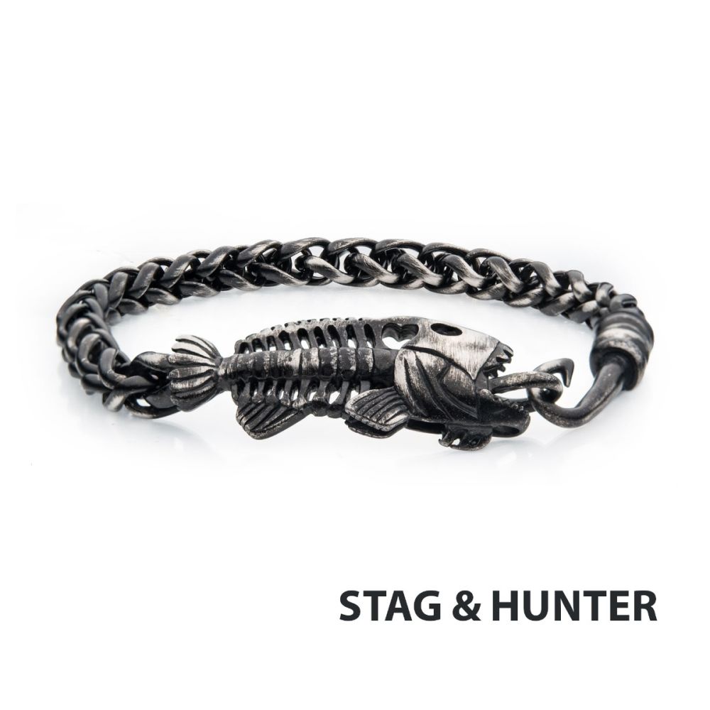 Gun Metal Plated Wheat Chain With Fishbone On Hook Clasp Bracelet