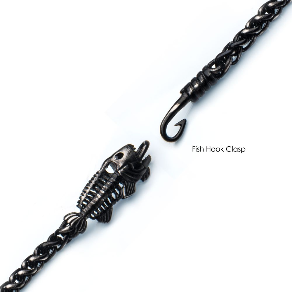 Gun Metal Plated Wheat Chain With Fishbone On Hook Clasp Bracelet