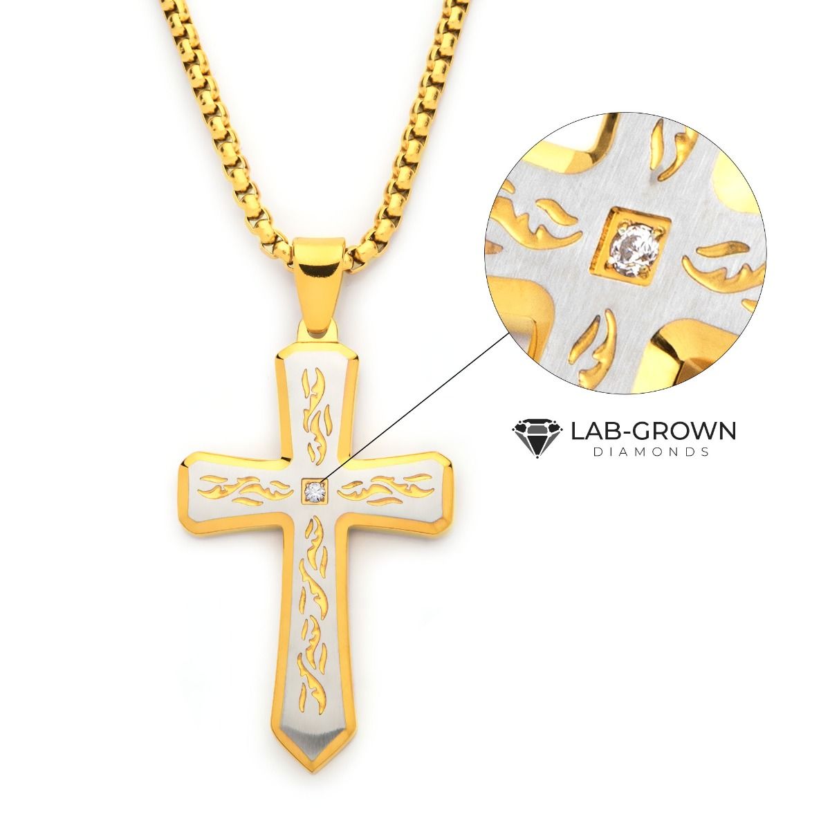 18k Gold Plated Tribal Cross Pendant With 2mm Lab Grown Diamond With 24 Box Chain (dmssp479gpnk)