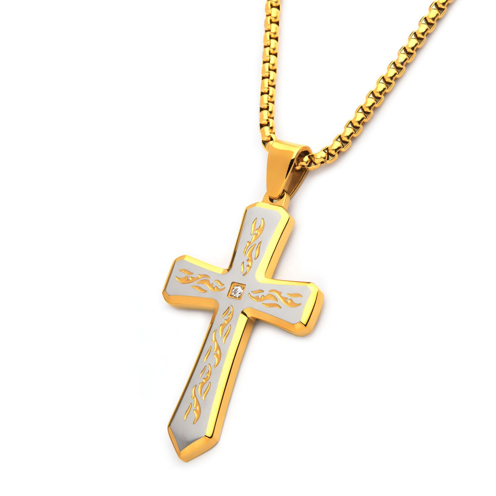 18k Gold Plated Tribal Cross Pendant With 2mm Lab Grown Diamond With 24 Box Chain (dmssp479gpnk)