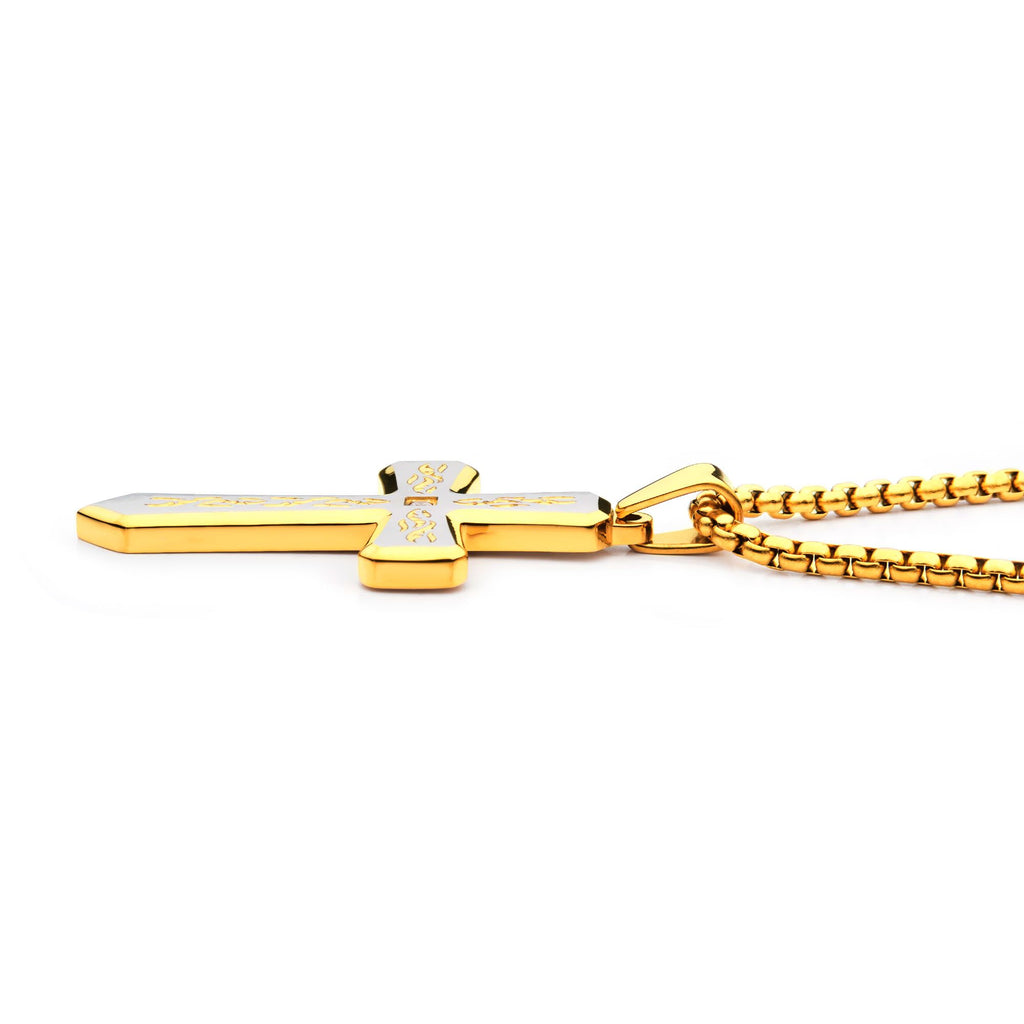 18k Gold Plated Tribal Cross Pendant With 2mm Lab Grown Diamond With 24 Box Chain (dmssp479gpnk)