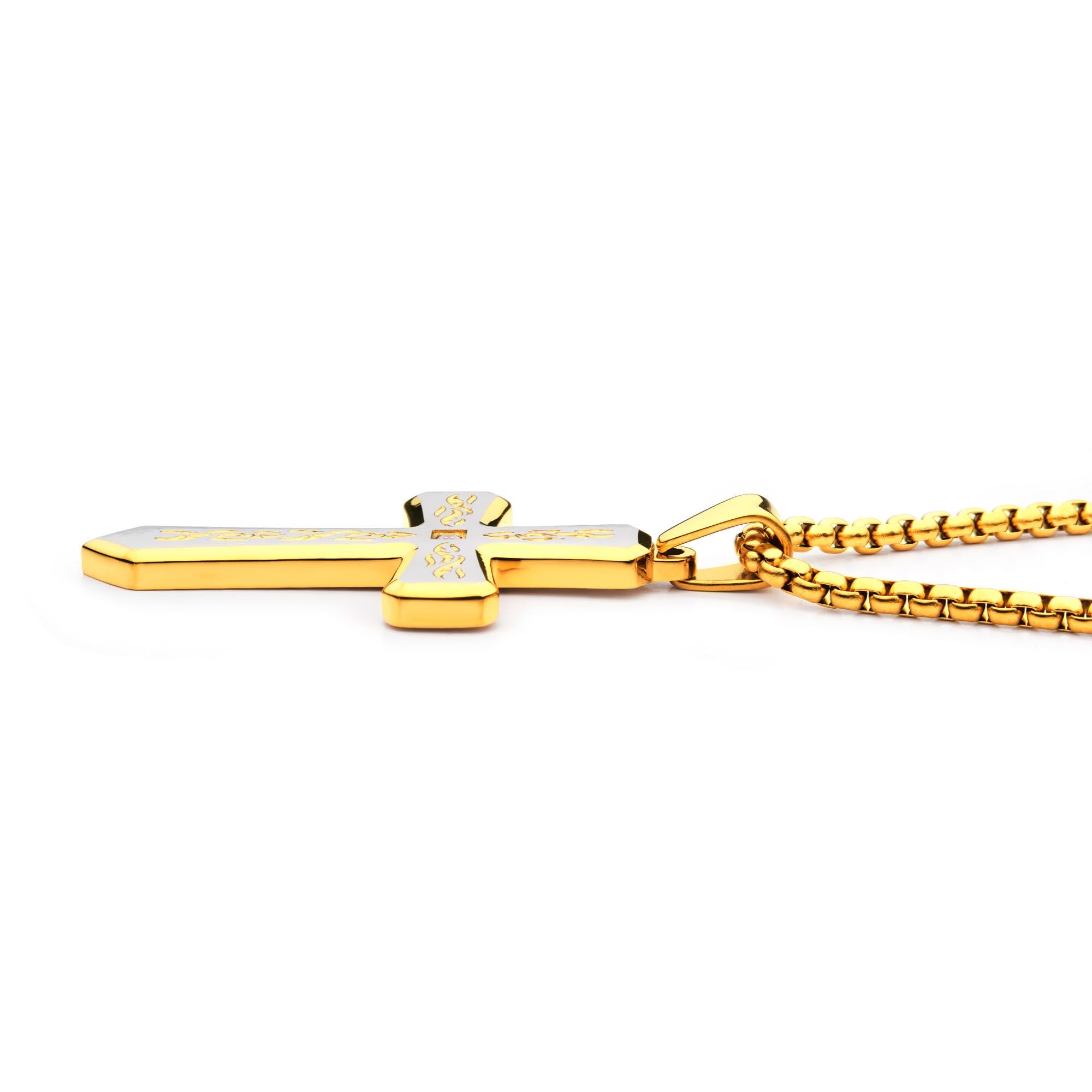 18k Gold Plated Tribal Cross Pendant With 2mm Lab Grown Diamond With 24 Box Chain (dmssp479gpnk)