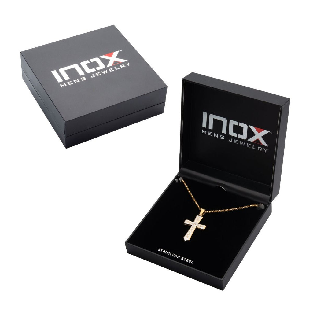 18k Gold Plated Tribal Cross Pendant With 2mm Lab Grown Diamond With 24 Box Chain (dmssp479gpnk)