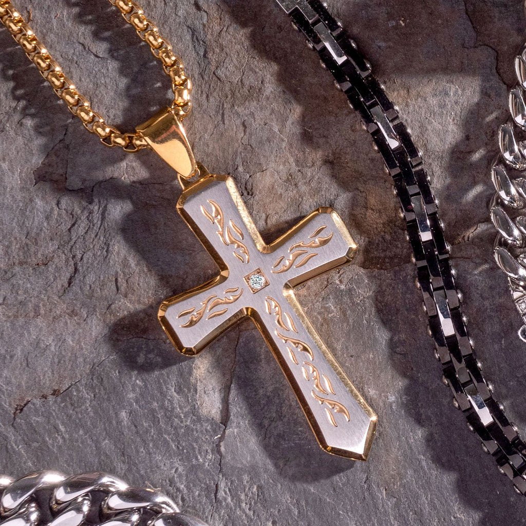 18k Gold Plated Tribal Cross Pendant With 2mm Lab Grown Diamond With 24 Box Chain (dmssp479gpnk)