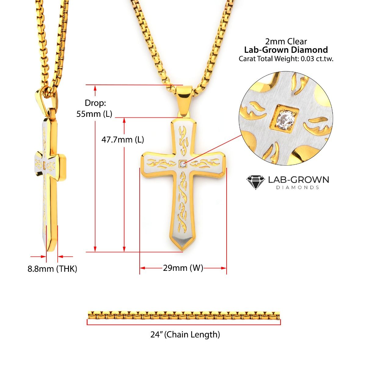 18k Gold Plated Tribal Cross Pendant With 2mm Lab Grown Diamond With 24 Box Chain (dmssp479gpnk)