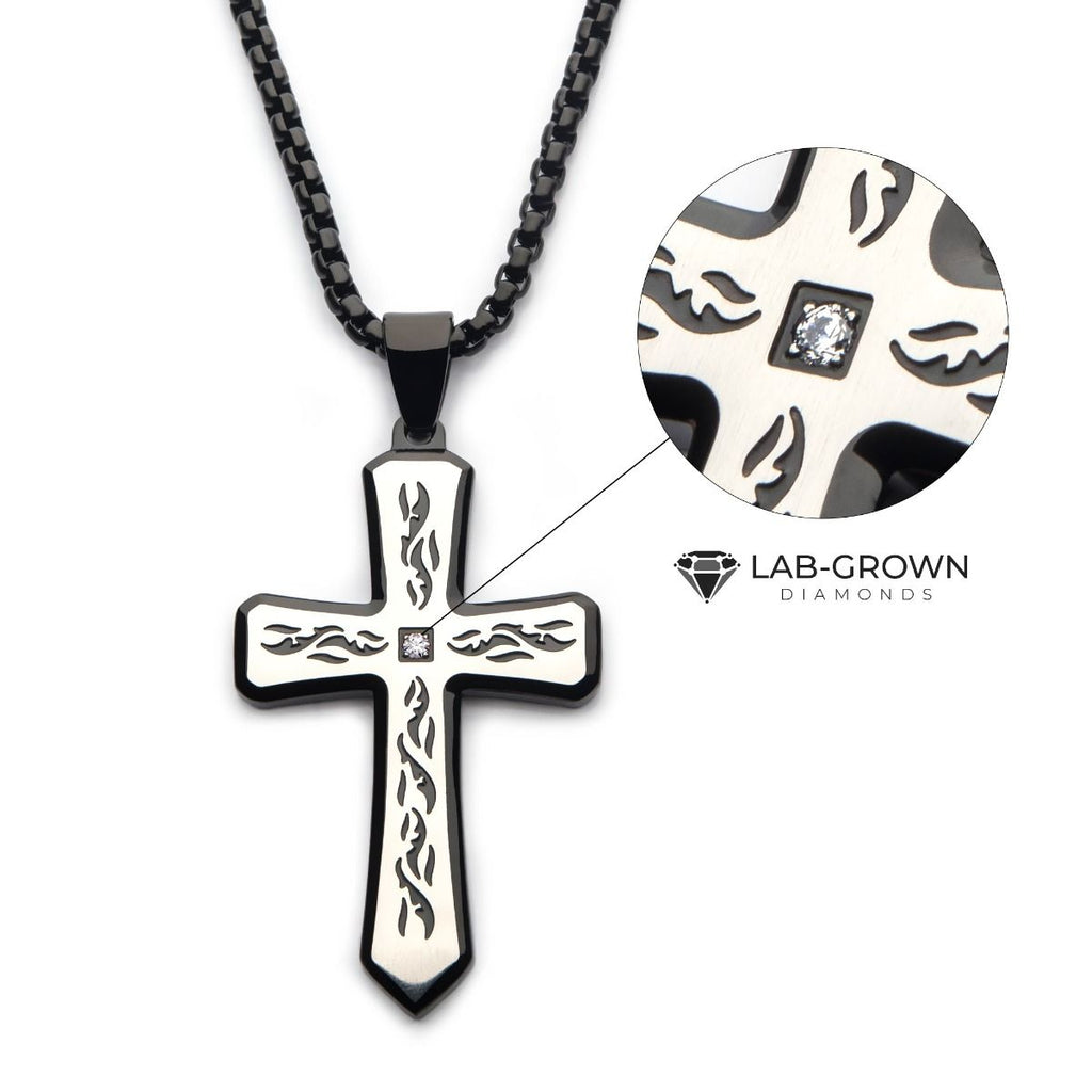 Black Plated Tribal Cross Pendant With 2mm Lab Grown Diamond With 24 Box Chain (dmssp479knk)
