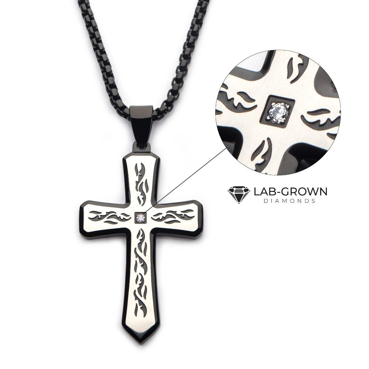 Black Plated Tribal Cross Pendant With 2mm Lab Grown Diamond With 24 Box Chain (dmssp479knk)