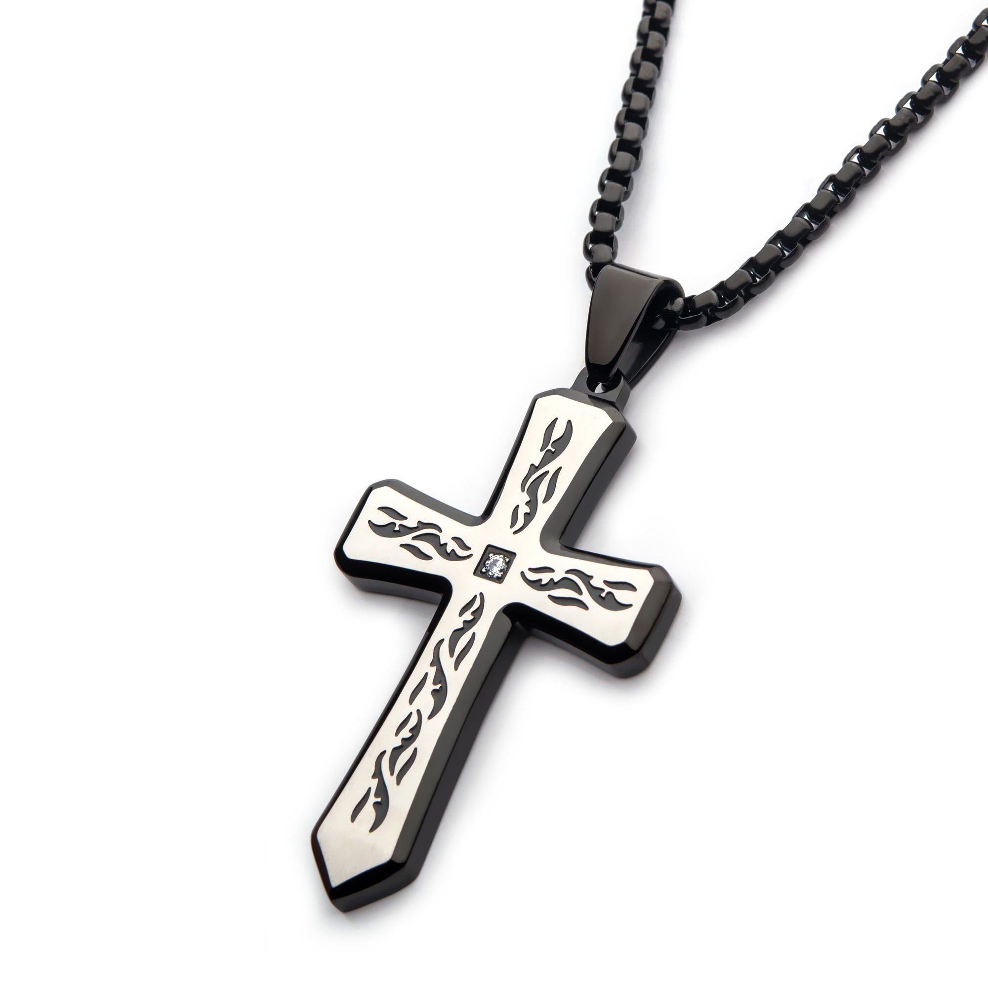Black Plated Tribal Cross Pendant With 2mm Lab Grown Diamond With 24 Box Chain (dmssp479knk)