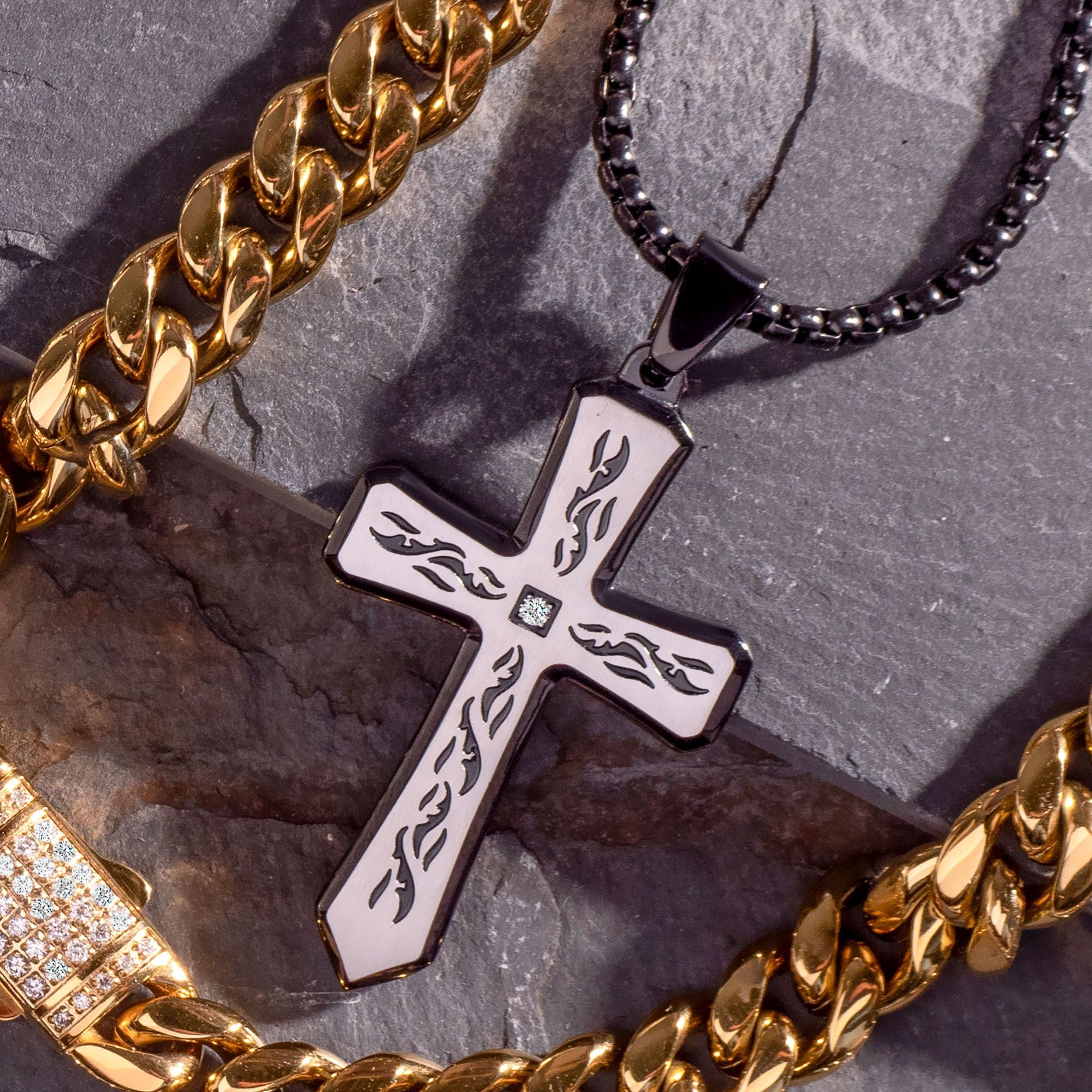 Black Plated Tribal Cross Pendant With 2mm Lab Grown Diamond With 24 Box Chain (dmssp479knk)