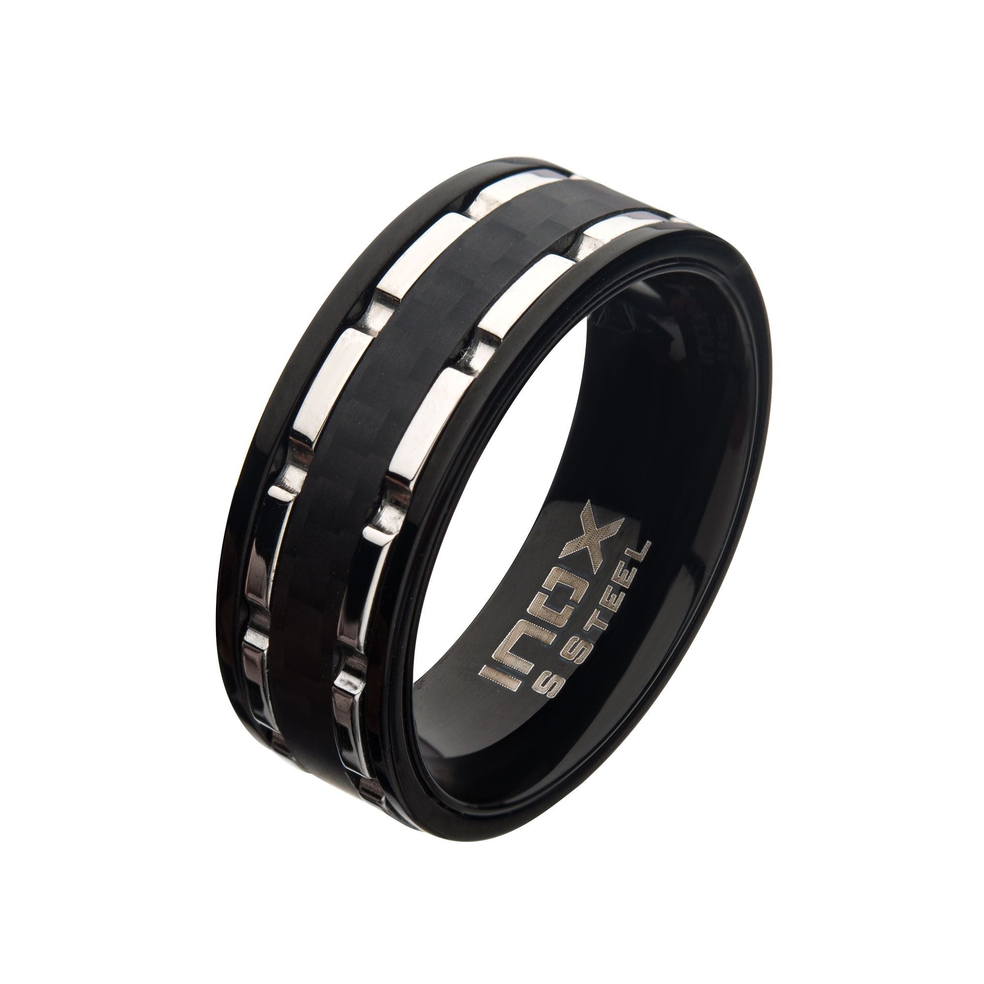 Steel Black Ip Lines Carbon Fiber Hammered Ring (fr085st)