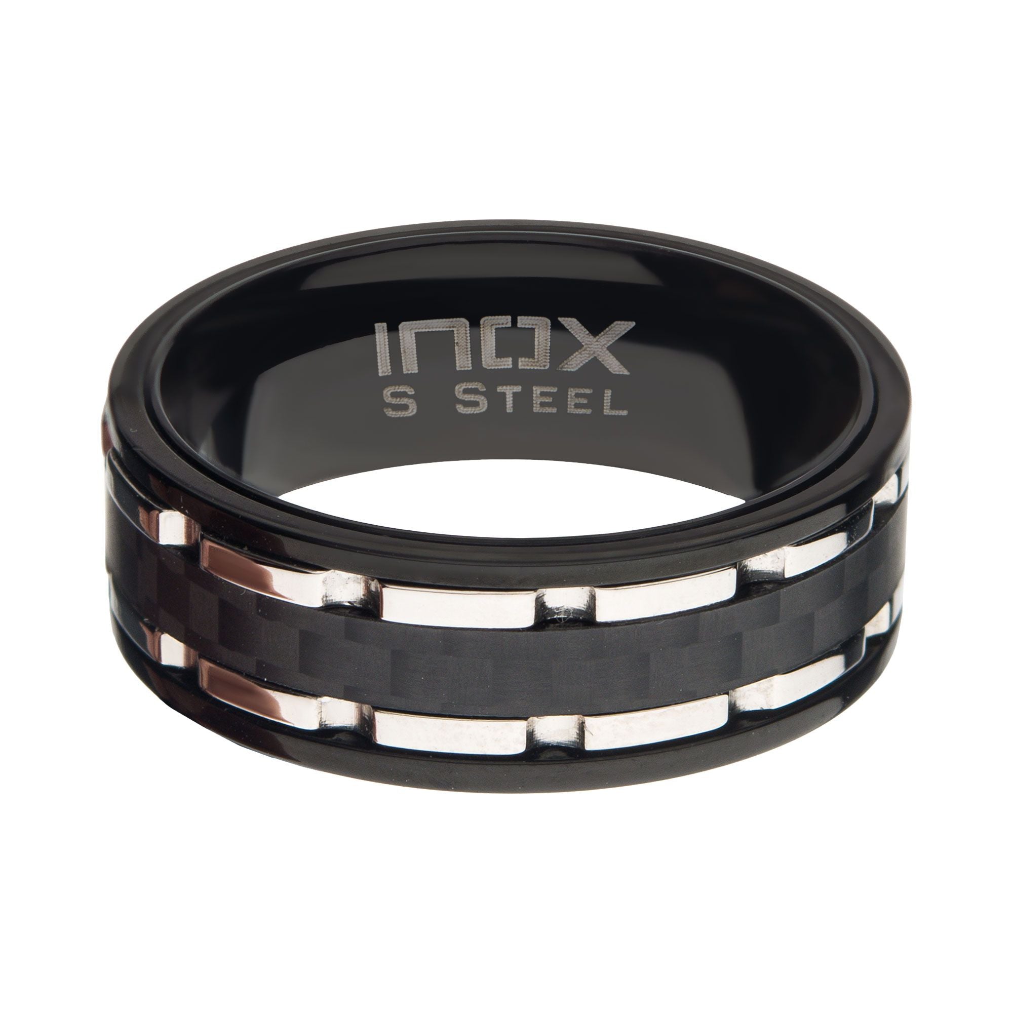 Steel Black Ip Lines Carbon Fiber Hammered Ring (fr085st)