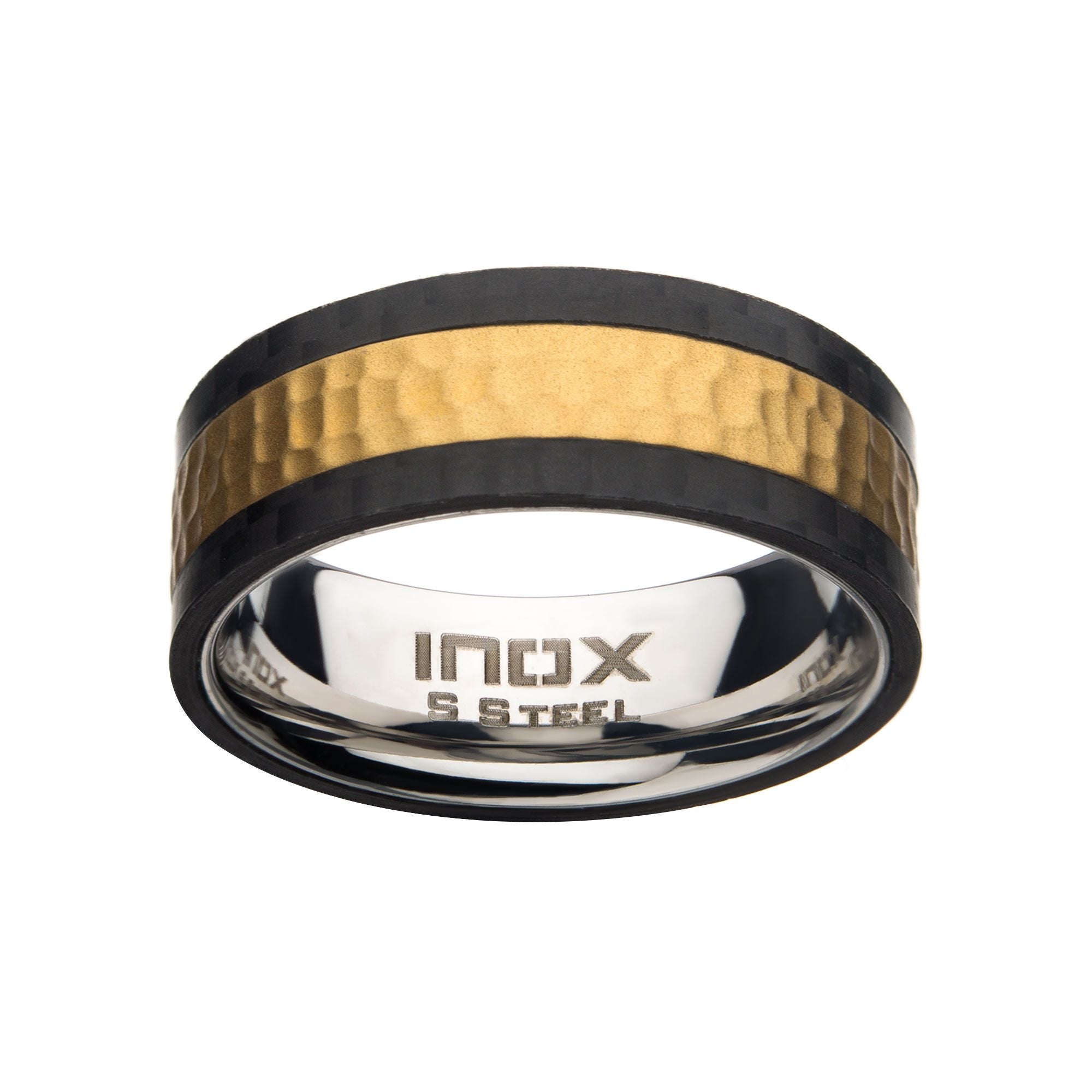 Steel Carbon Fiber With Gold Ip Hammered Ring (fr097yb)