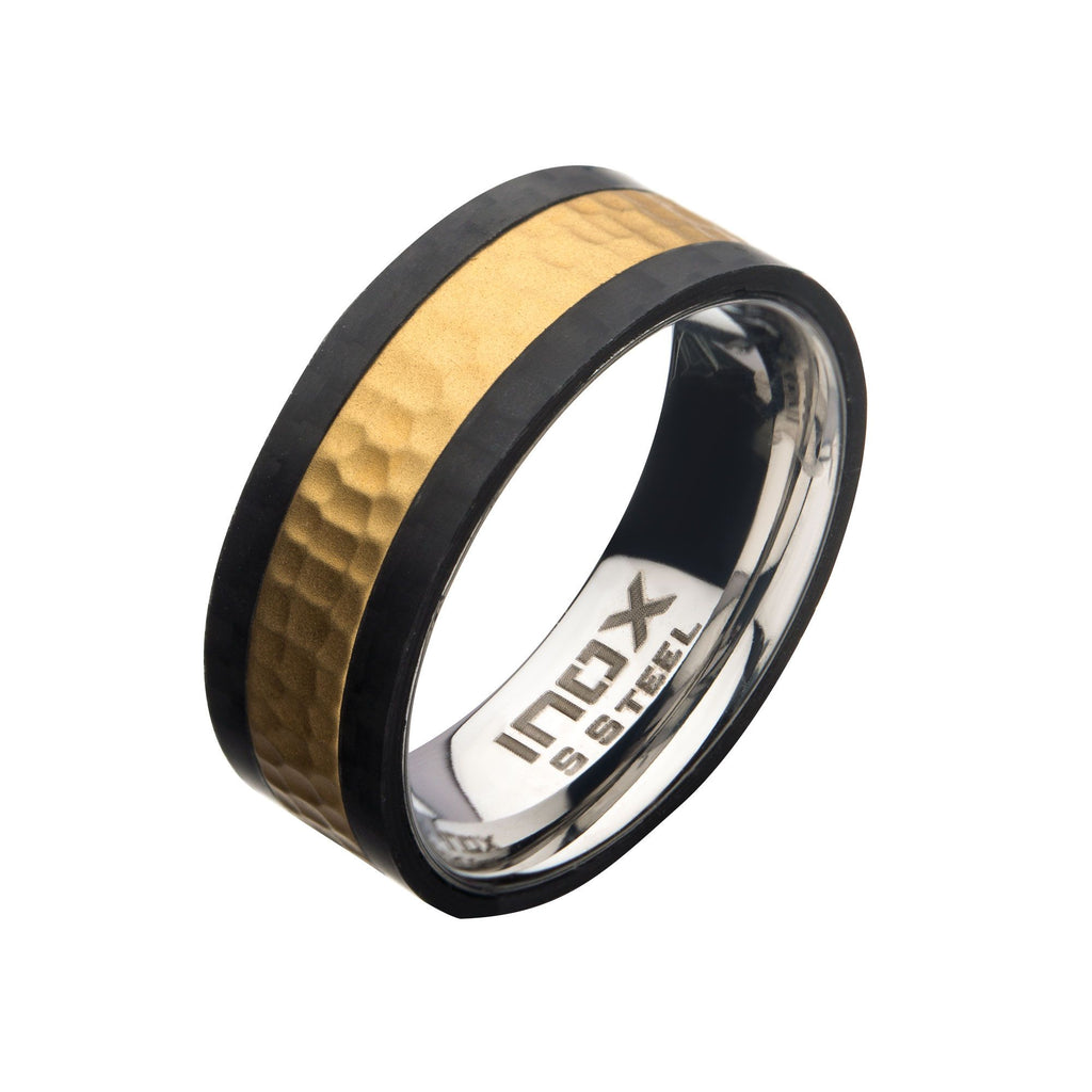 Steel Carbon Fiber With Gold Ip Hammered Ring (fr097yb)