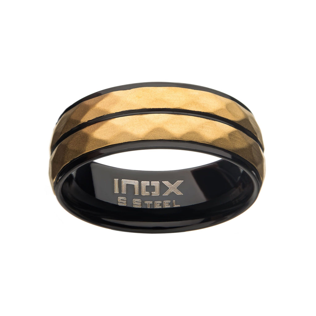 Stainless Steel With Matte Black Gold Ip Double Hammered Ring (fr098kgp)