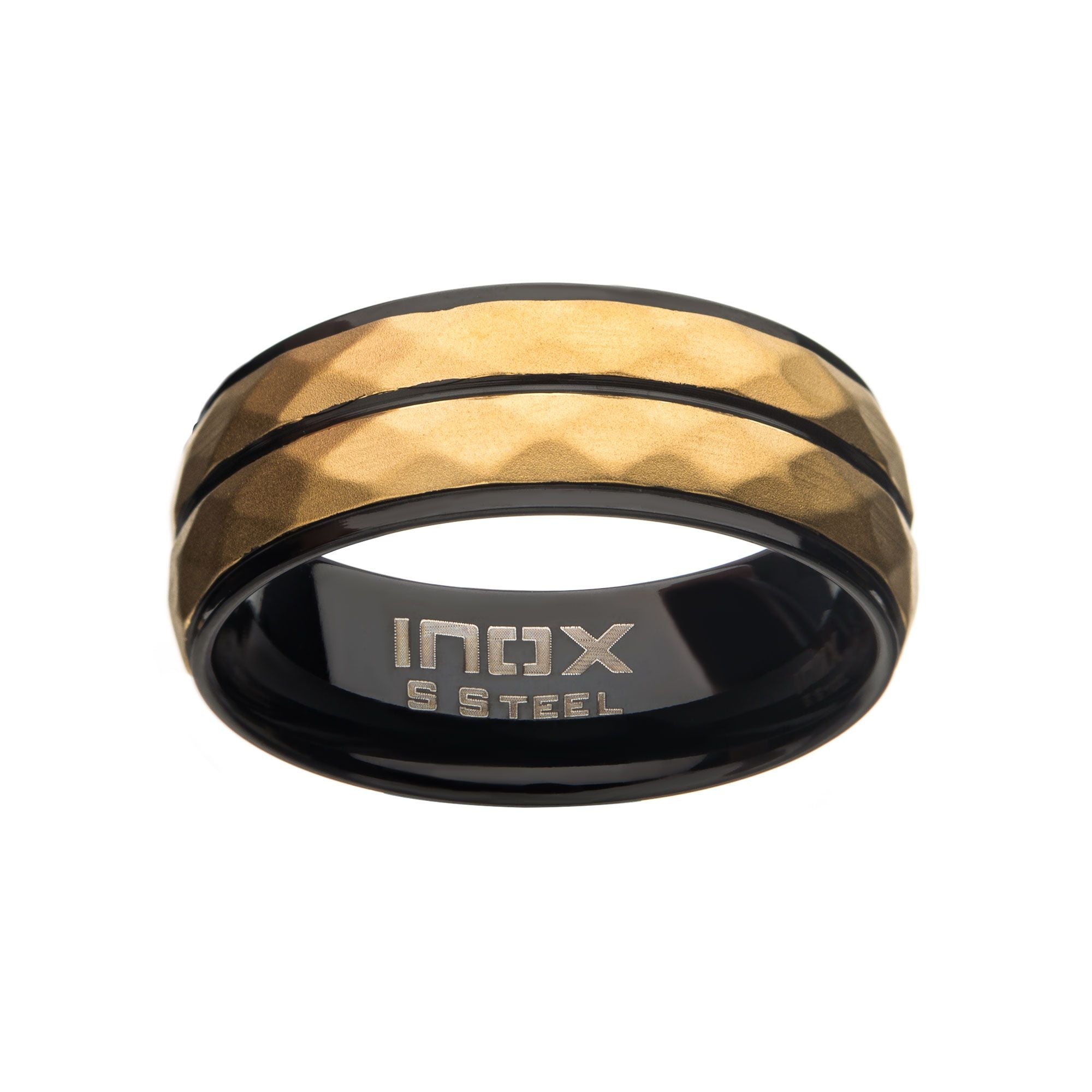 Stainless Steel With Matte Black Gold Ip Double Hammered Ring (fr098kgp)