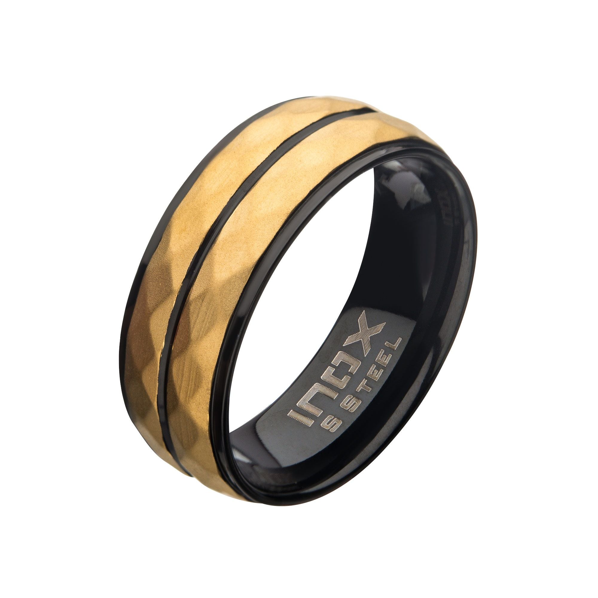 Stainless Steel With Matte Black Gold Ip Double Hammered Ring (fr098kgp)