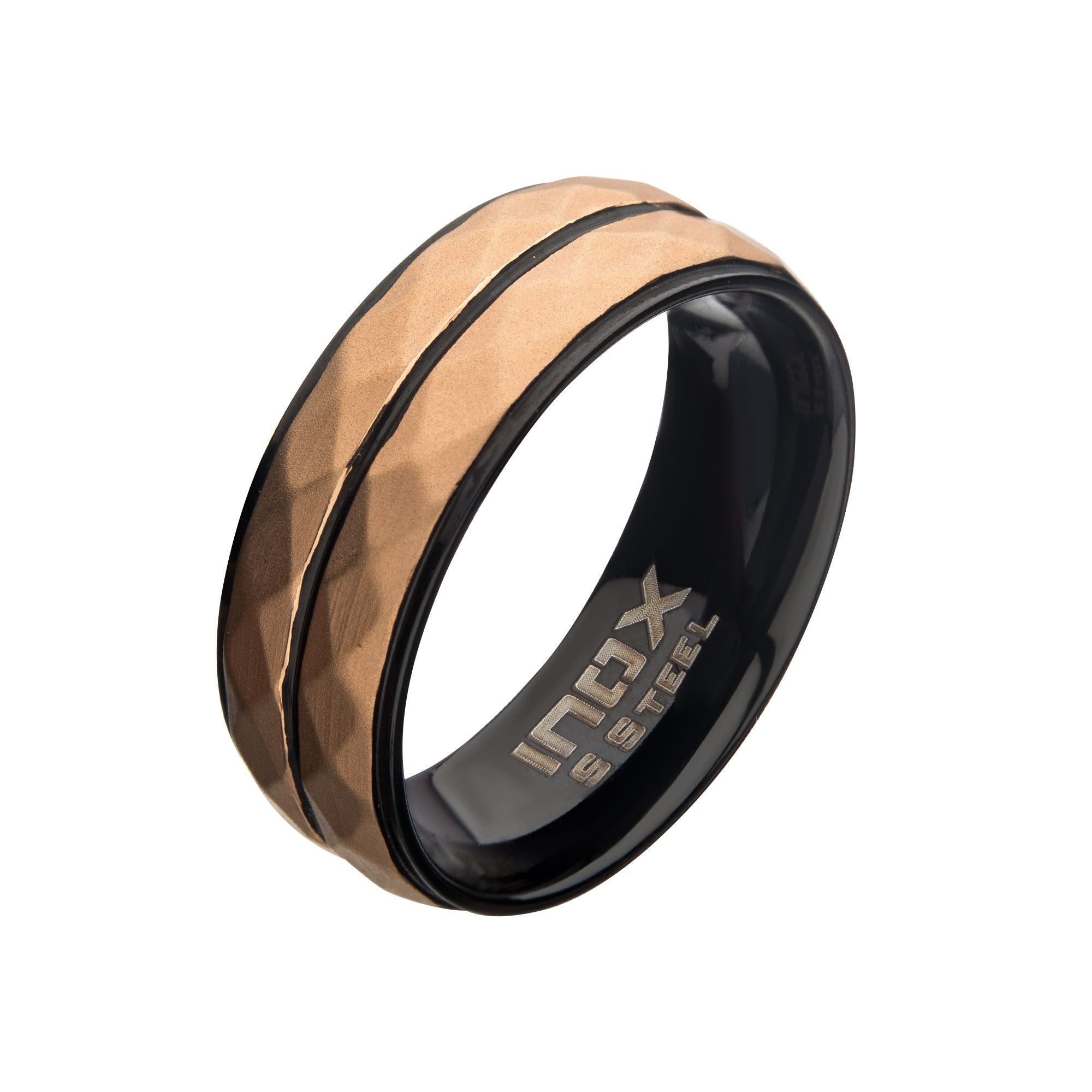Stainless Steel With Matte Black Rose Gold Ip Double Hammered Ring (fr098krg)