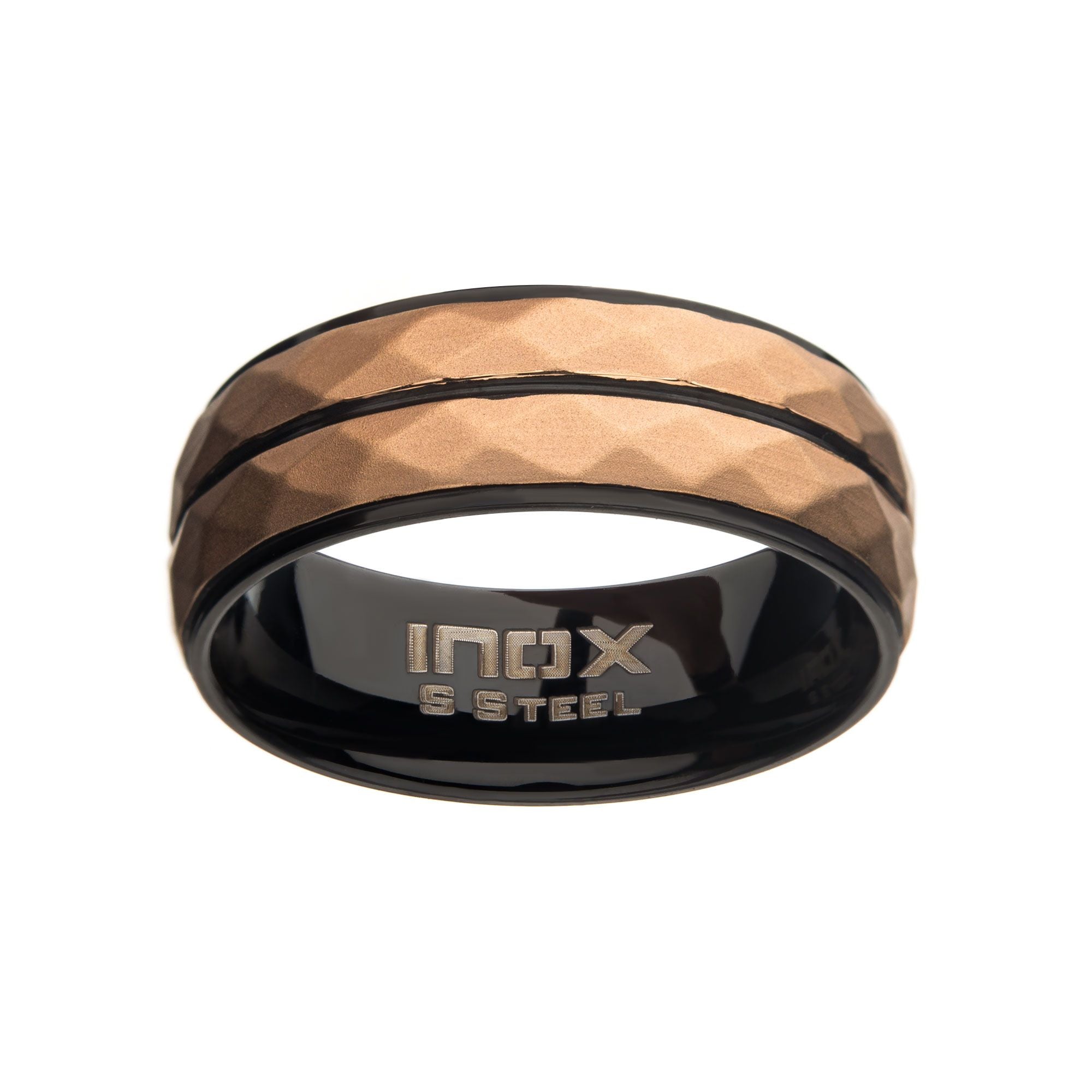 Stainless Steel With Matte Black Rose Gold Ip Double Hammered Ring (fr098krg)