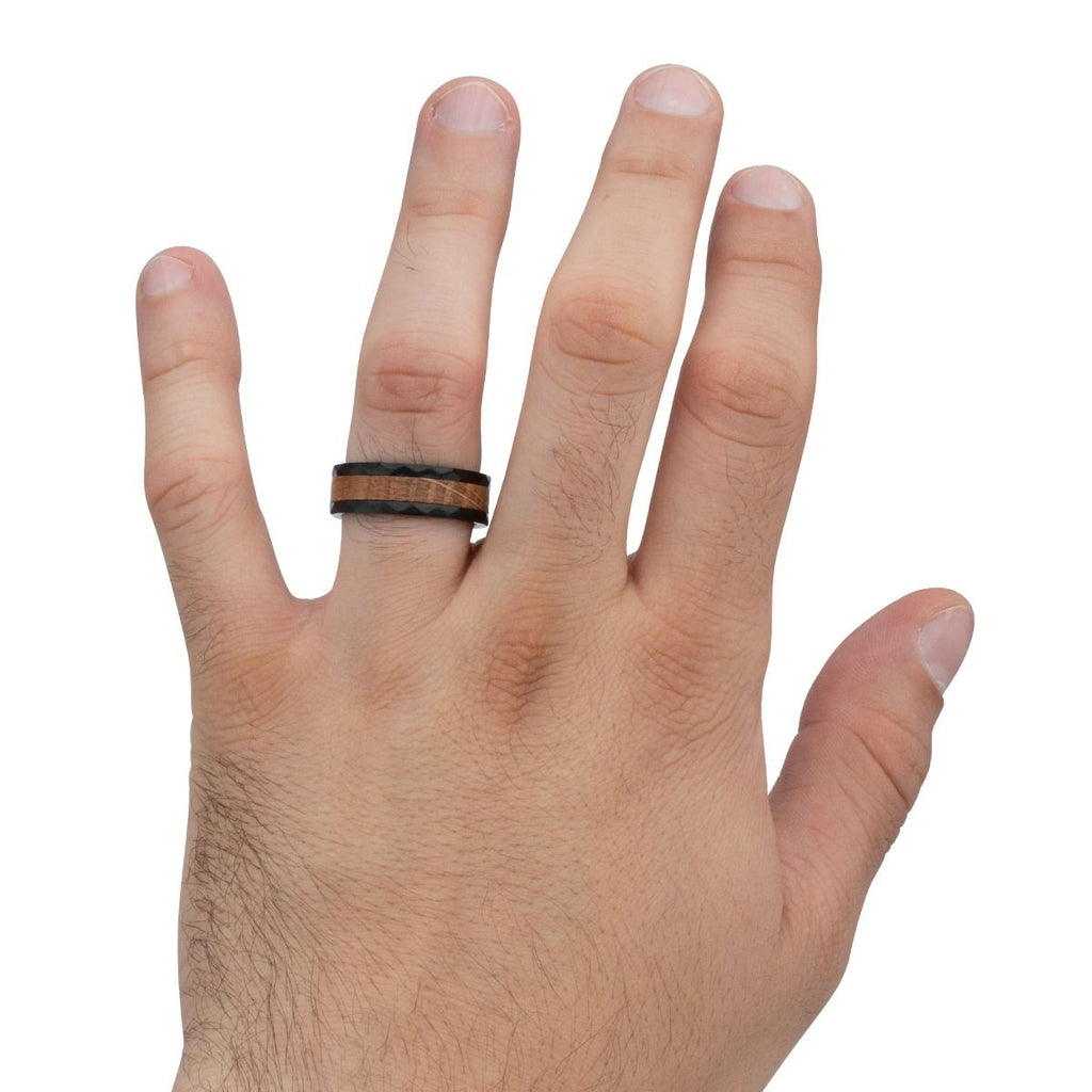 Whiskey Barrel Wood Inlay Black Ip Steel Ring (fr1379)