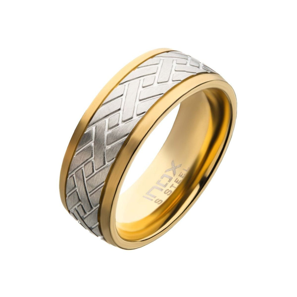 Gold Ip Edge With Steel Weave Ring (fr16889gp)