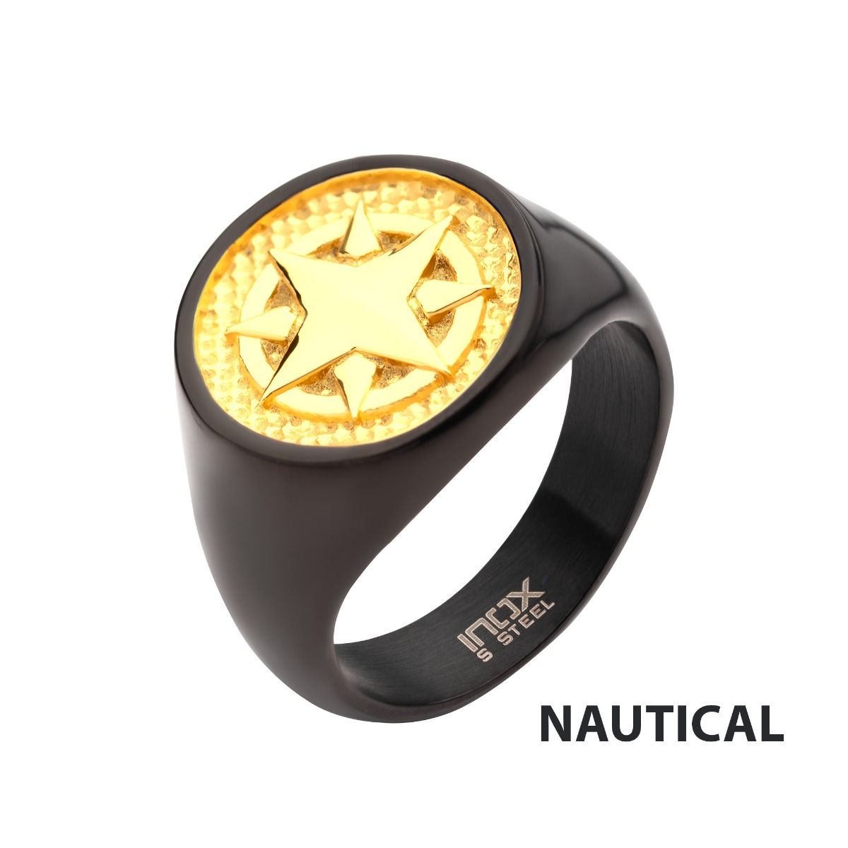 18kt Gold Ip Wayfinder Compass Black Ip Signet Ring (fr17420)