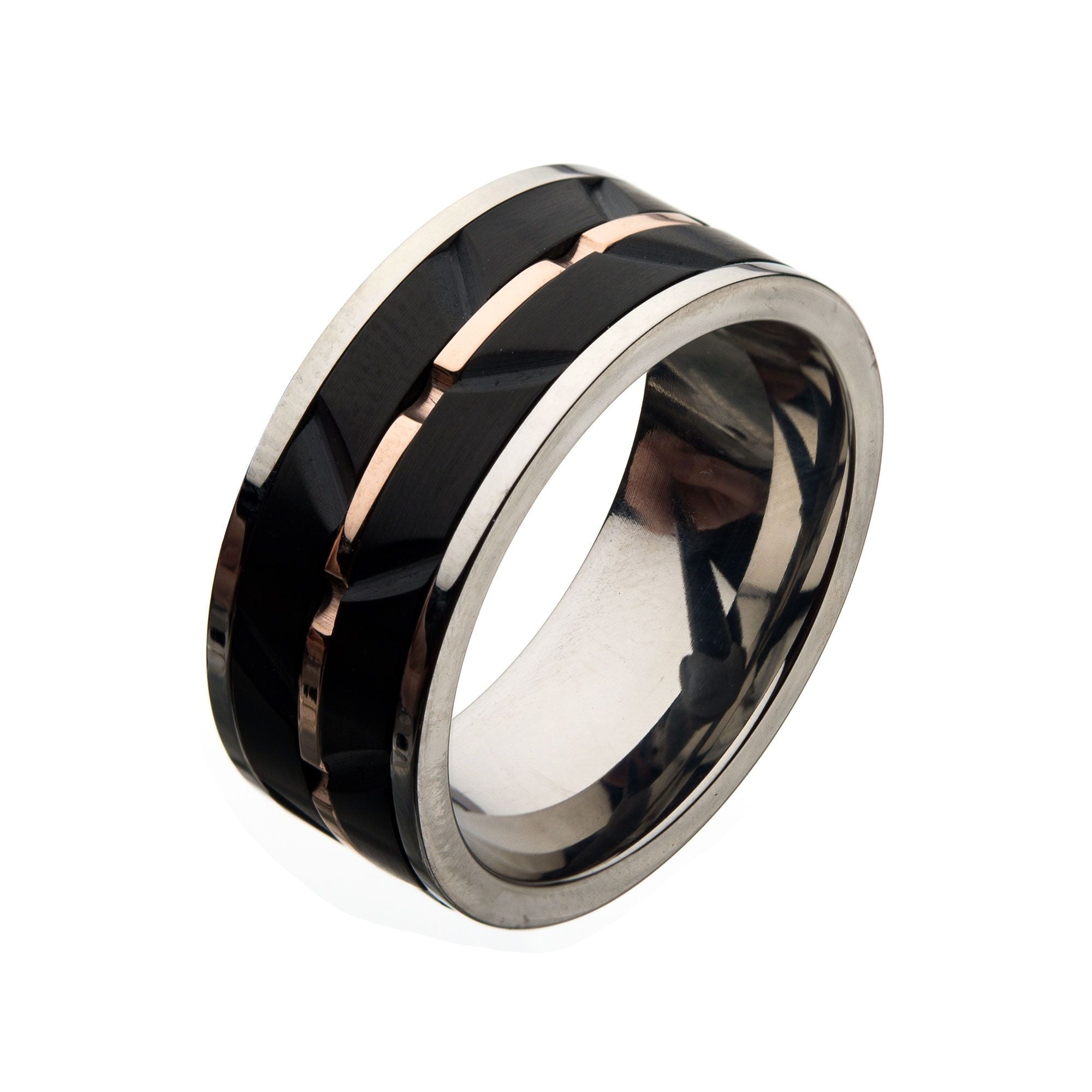 Stainless Steel Rose Gold Ip Black Ip Raised Wave Ring (fr21165rg)