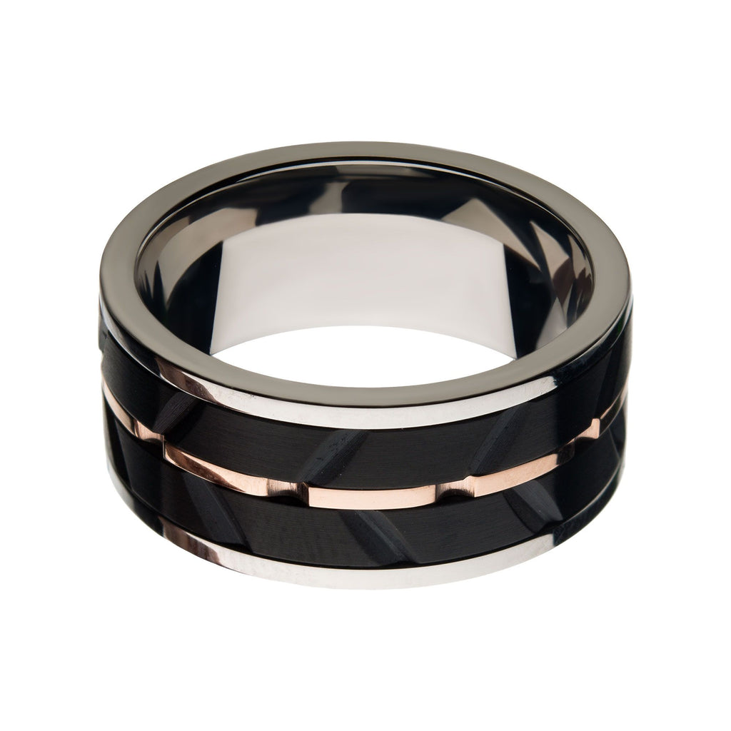 Stainless Steel Rose Gold Ip Black Ip Raised Wave Ring (fr21165rg)