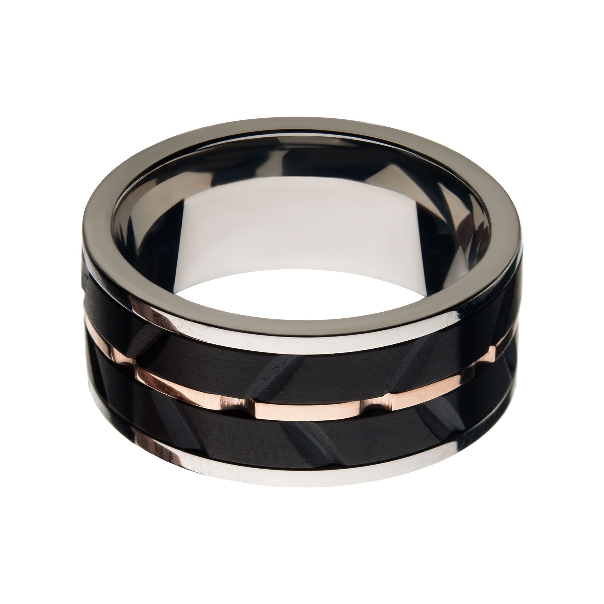 Stainless Steel Rose Gold Ip Black Ip Raised Wave Ring (fr21165rg)