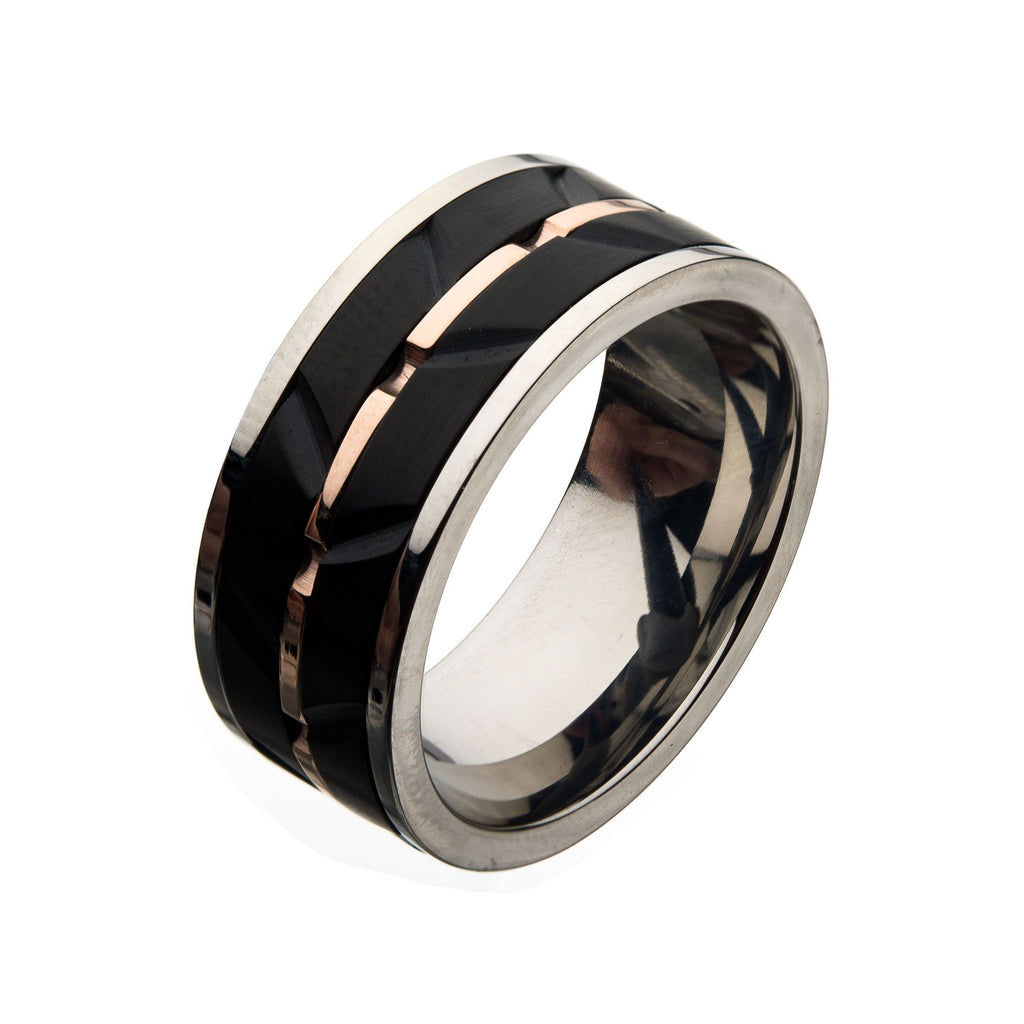 Stainless Steel Rose Gold Ip Black Ip Raised Wave Ring (fr21165rg)