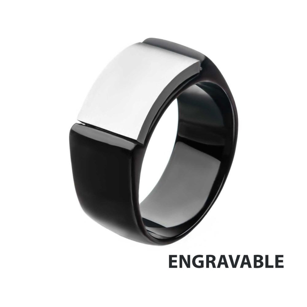 Two Tone Steel Black Ip Engraveable Signet Ring