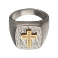Gold Ip Cross With Clear Czs On Hammered Signet Ring (fr21917)
