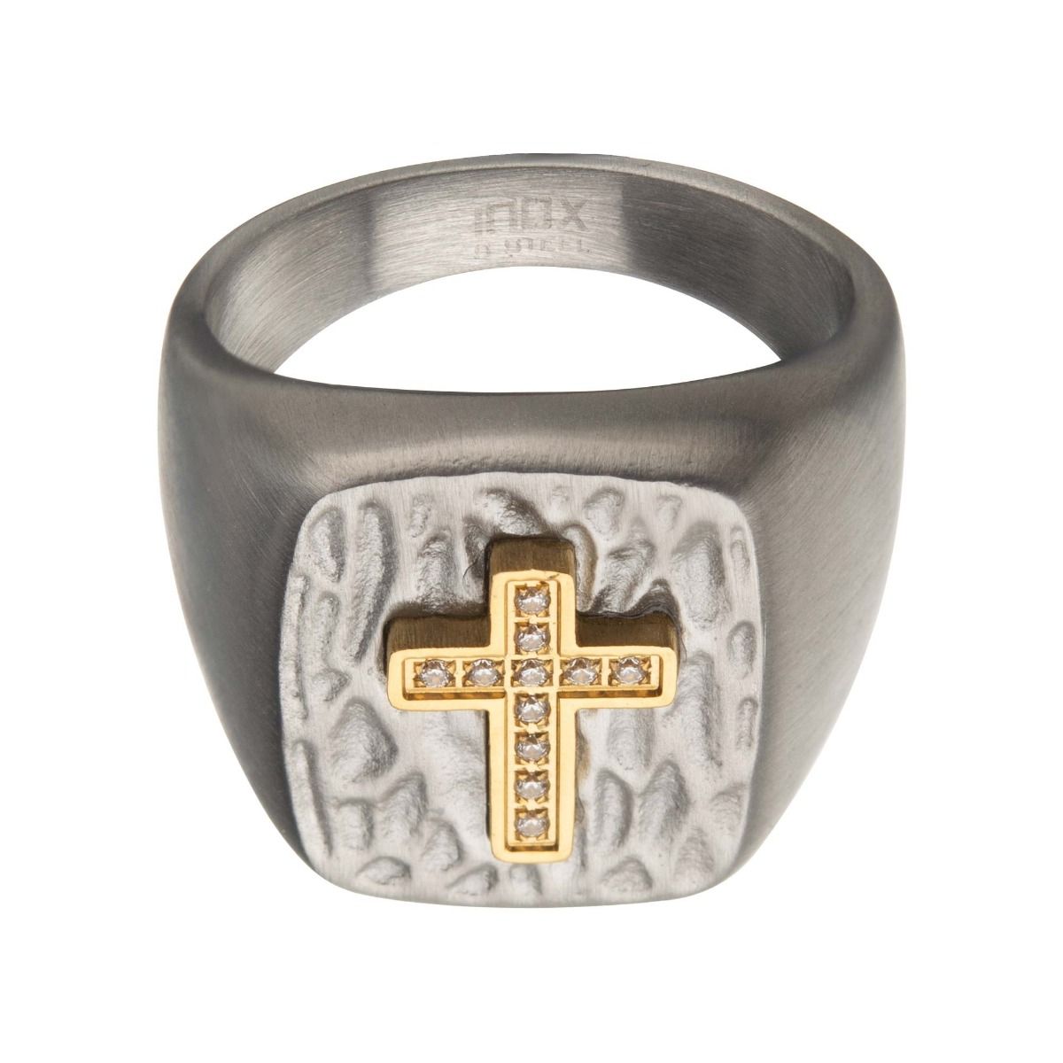 Gold Ip Cross With Clear Czs On Hammered Signet Ring (fr21917)