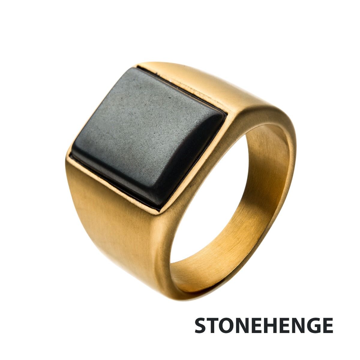 Matte Gold Ip Signet Rings With Polished Hematite (fr22079g)