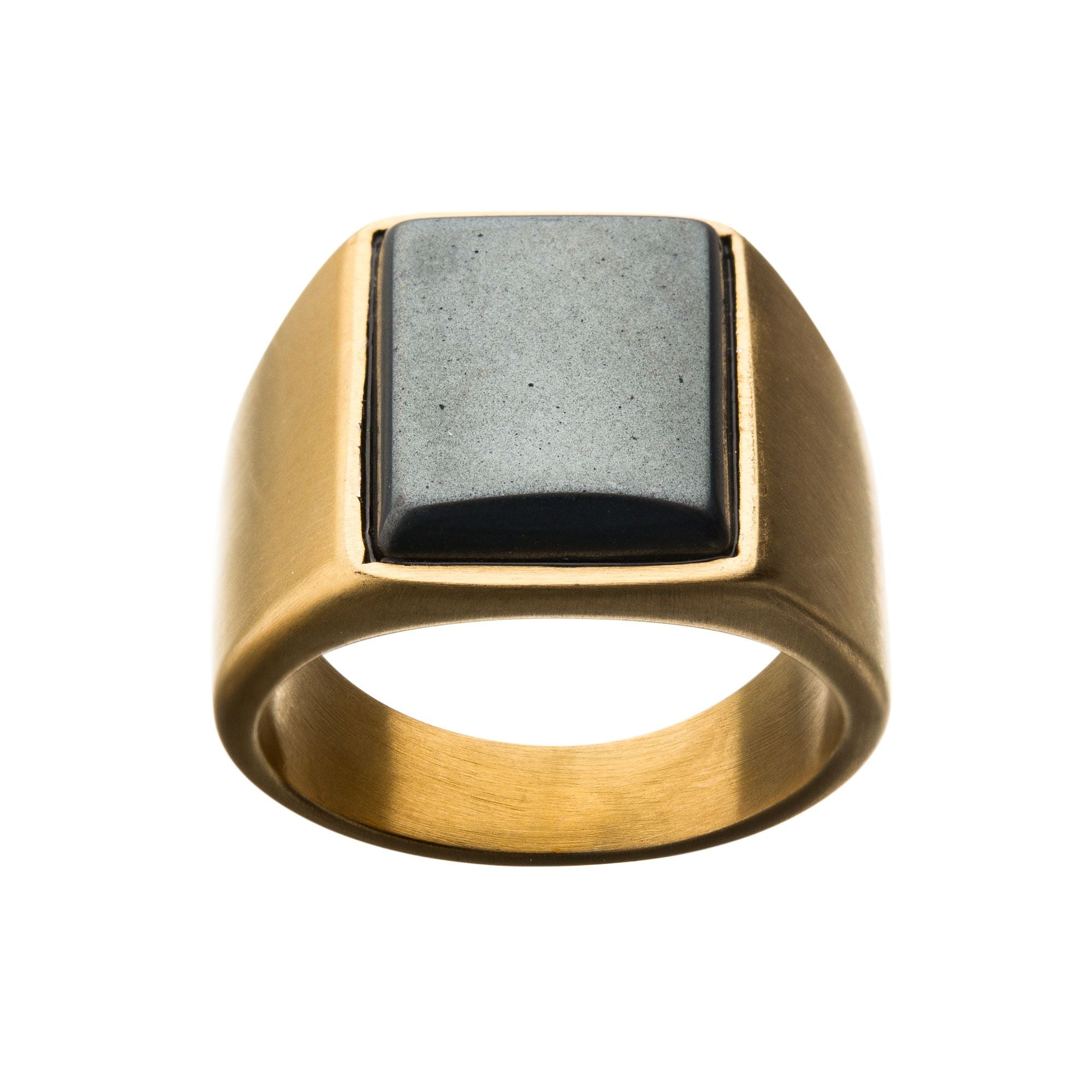 Matte Gold Ip Signet Rings With Polished Hematite (fr22079g)