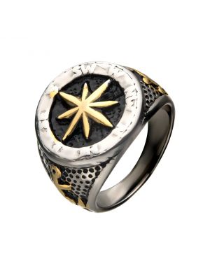 Gold Ip Black Anchor Compass Signet Ring