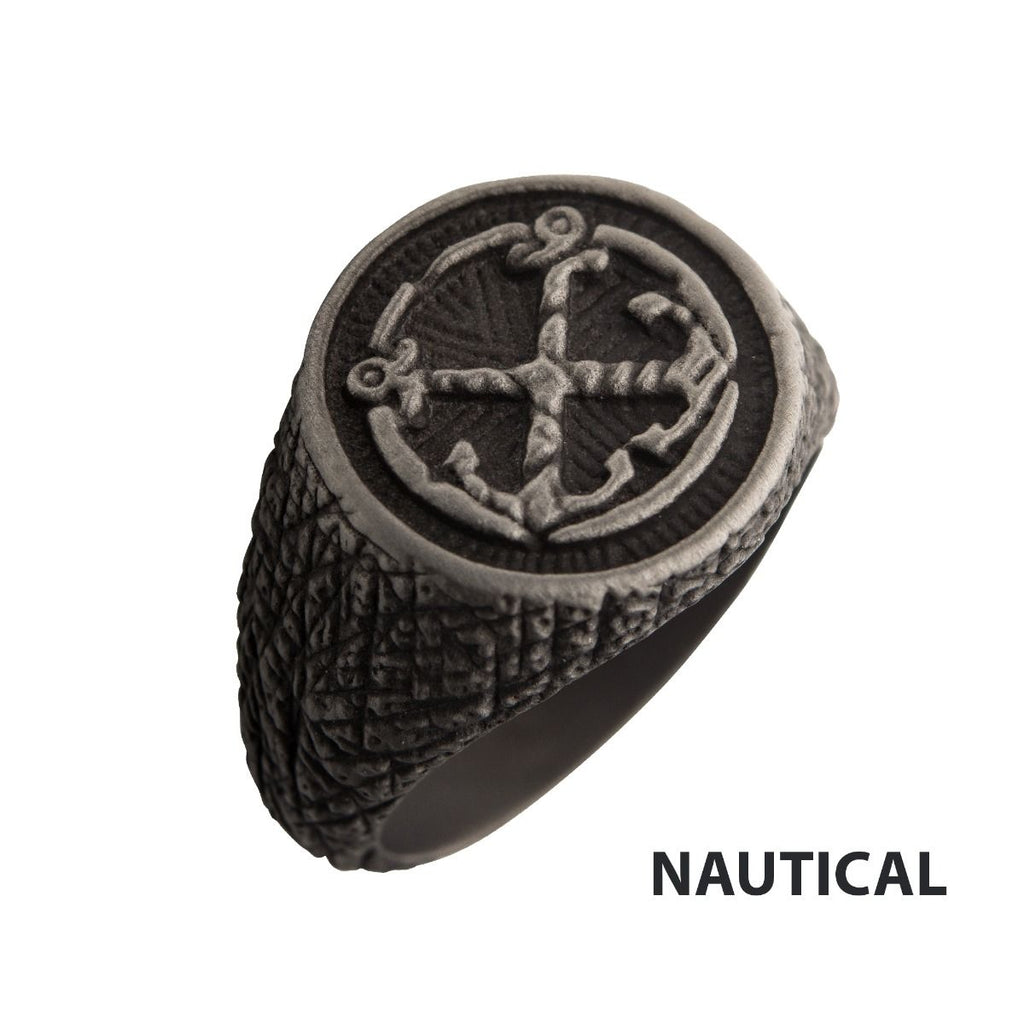 Black Plated Antique Finish Steel Anchor Inlay Ring (fr23756sm)
