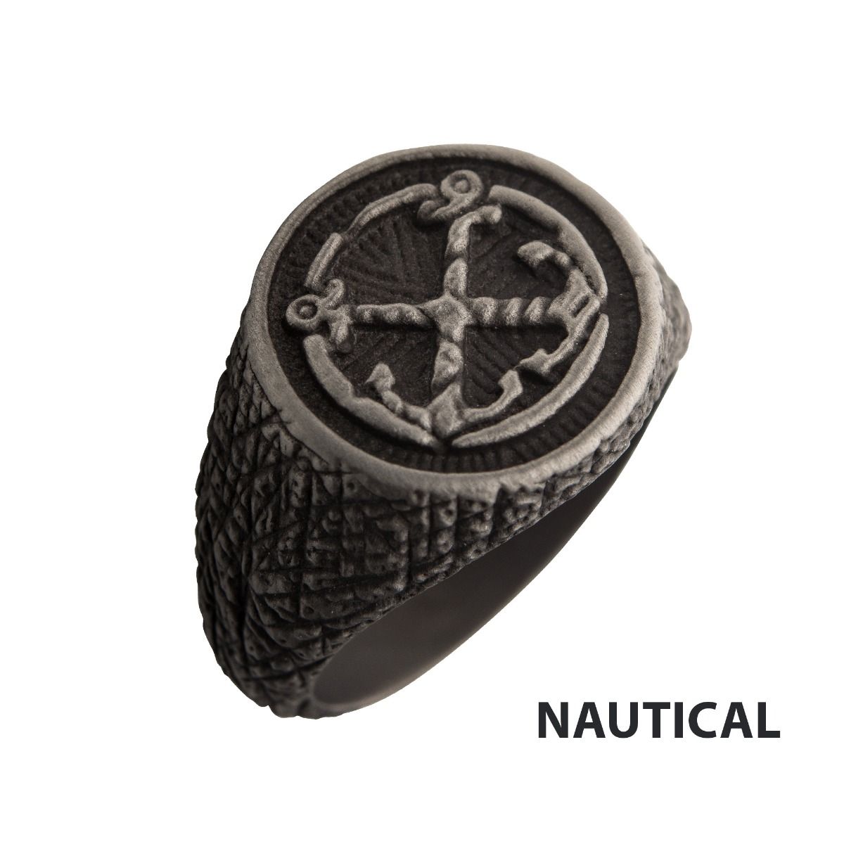 Black Plated Antique Finish Steel Anchor Inlay Ring (fr23756sm)