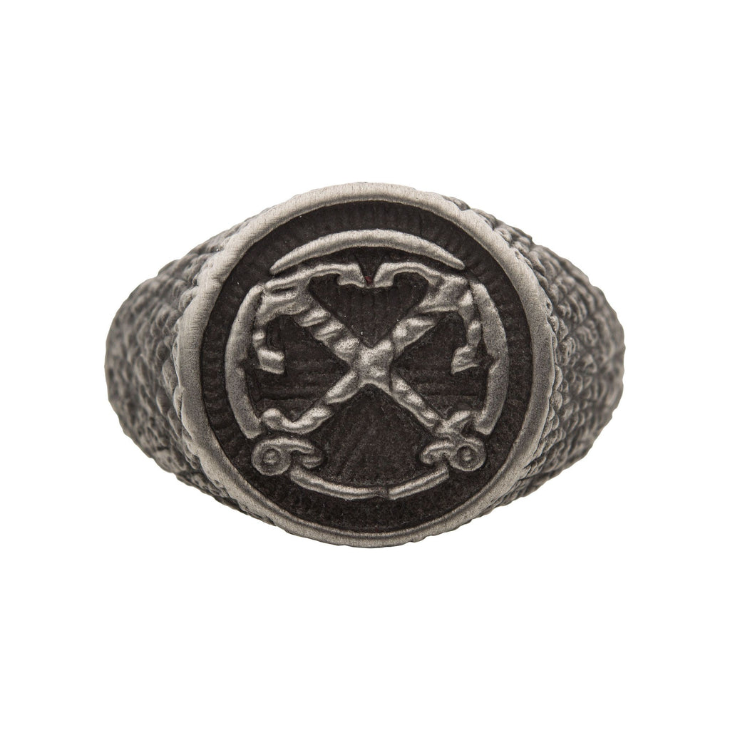 Black Plated Antique Finish Steel Anchor Inlay Ring (fr23756sm)