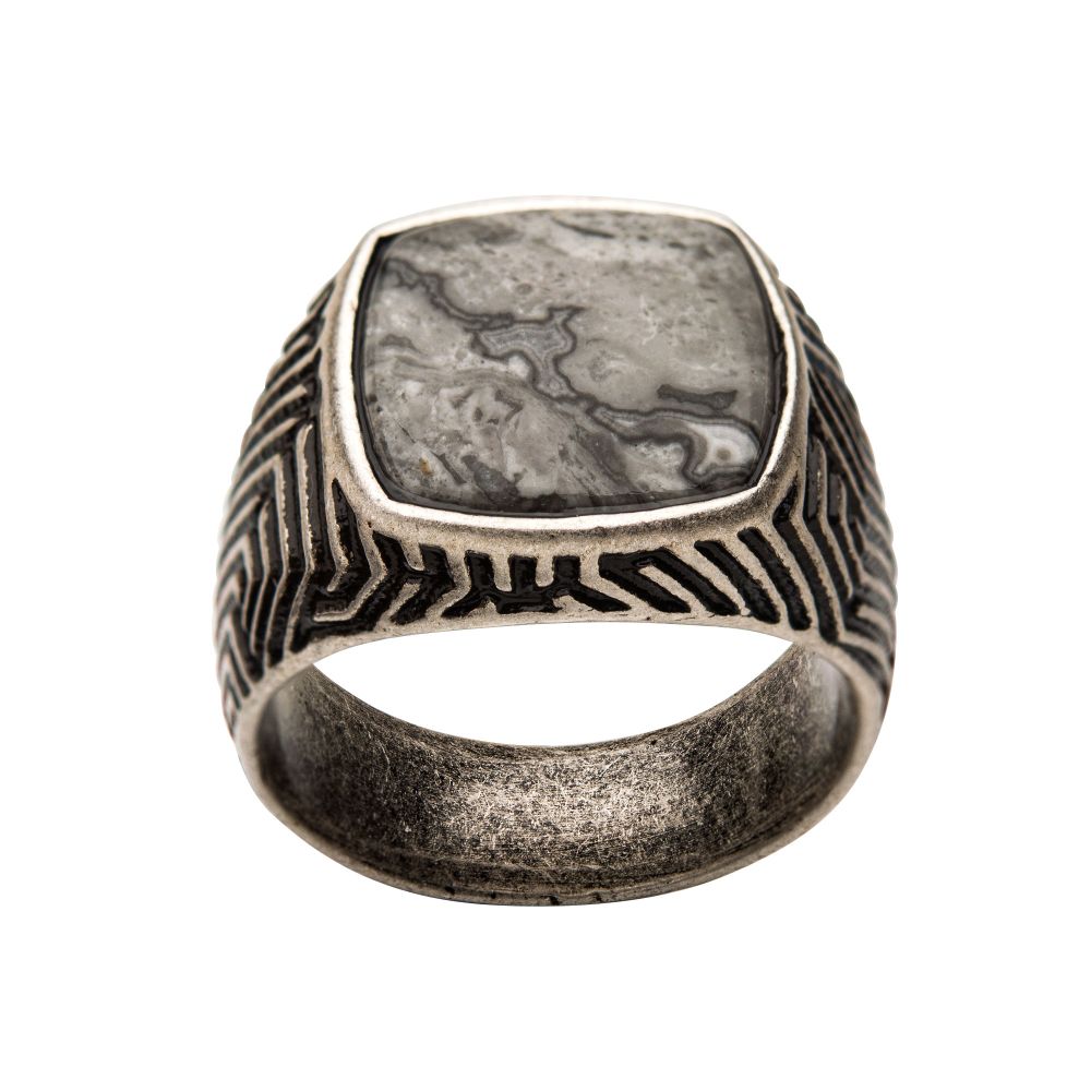 Stainless Steel Silver Plated With Gray Jasper Stone Ring
