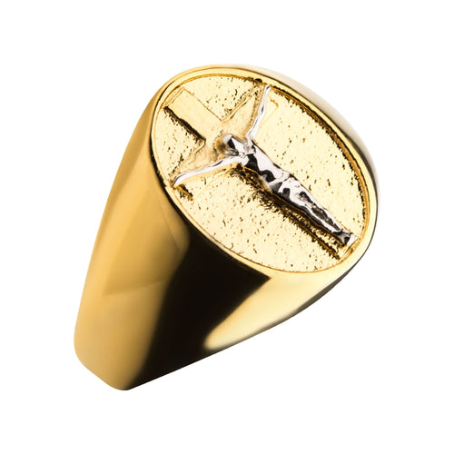18k Gold Plated With Silver Plated Jesus Inlay Ring (fr24354g)