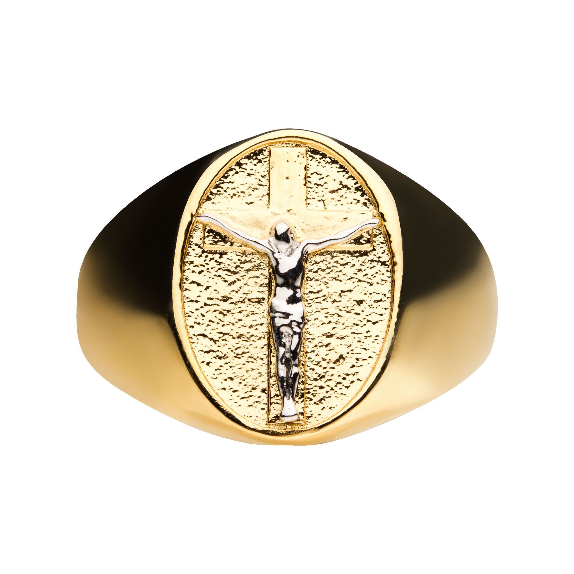 18k Gold Plated With Silver Plated Jesus Inlay Ring (fr24354g)