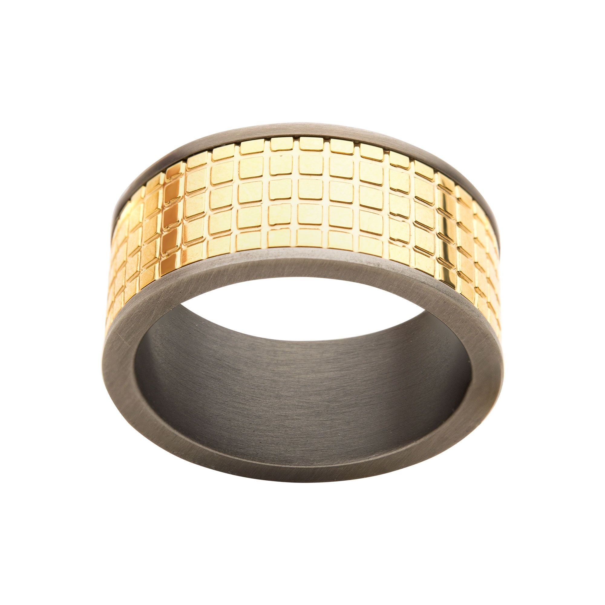 Gun Metal Plated With 18k Gold Plated Grid Inlay Ring (fr24774)