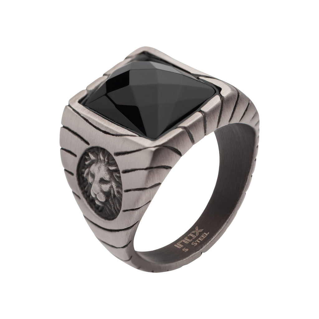 Matte Finish Gun Metal Ip With African Lion Sigil Faceted Black Agate Stone Signet Ring (fr25662gm)