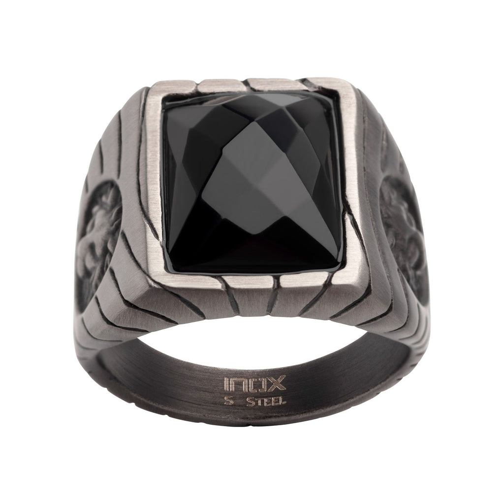 Matte Finish Gun Metal Ip With African Lion Sigil Faceted Black Agate Stone Signet Ring (fr25662gm)