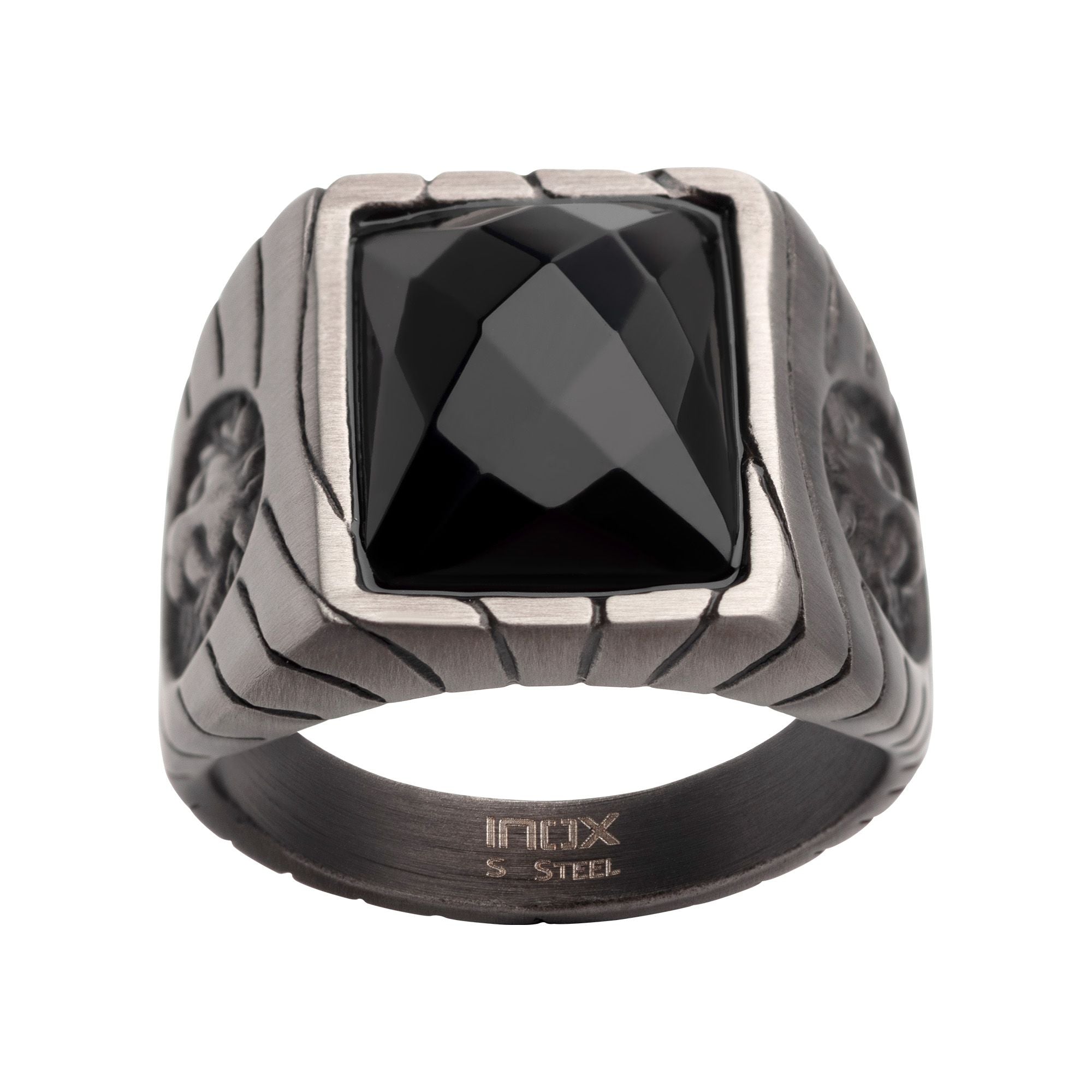 Matte Finish Gun Metal Ip With African Lion Sigil Faceted Black Agate Stone Signet Ring (fr25662gm)