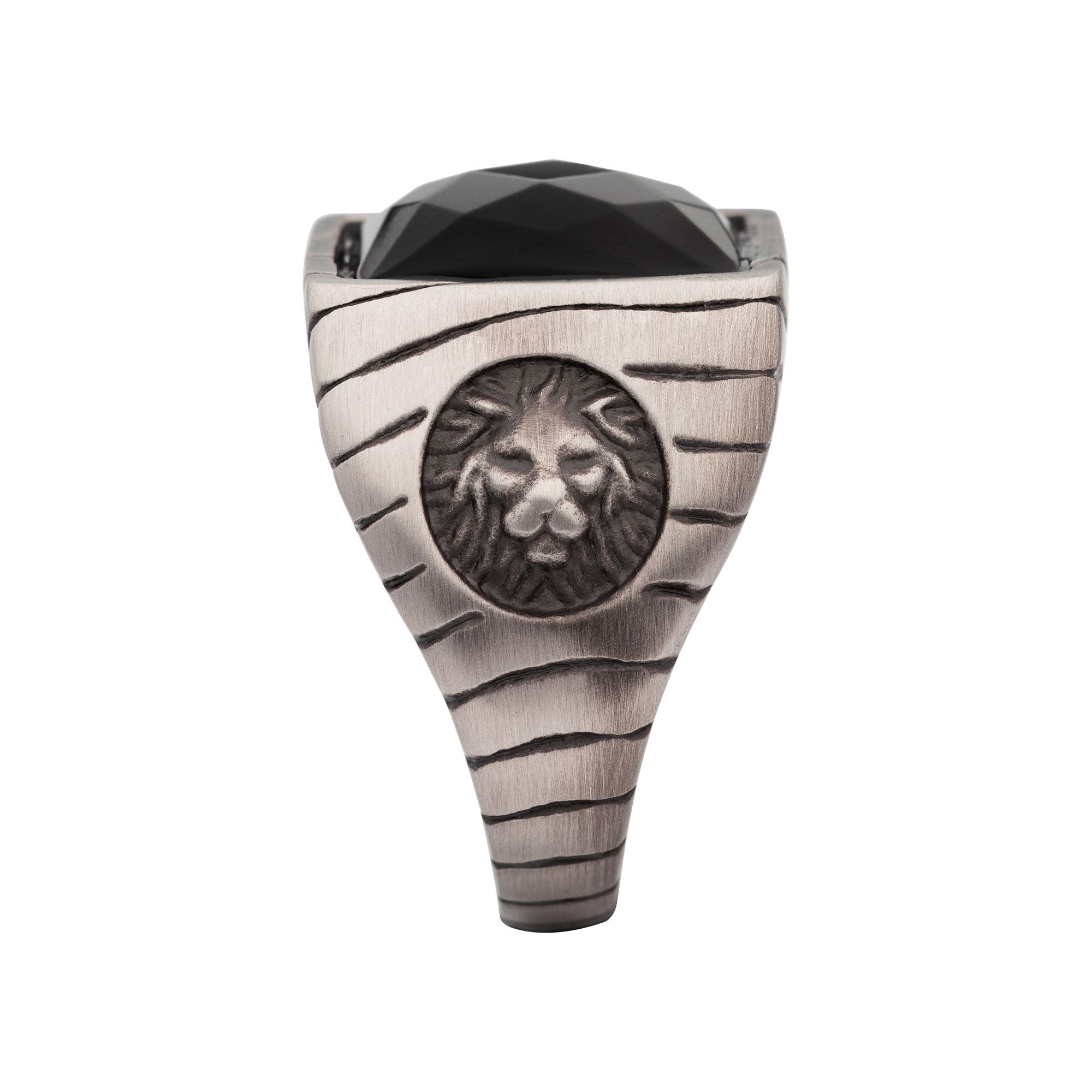 Matte Finish Gun Metal Ip With African Lion Sigil Faceted Black Agate Stone Signet Ring (fr25662gm)
