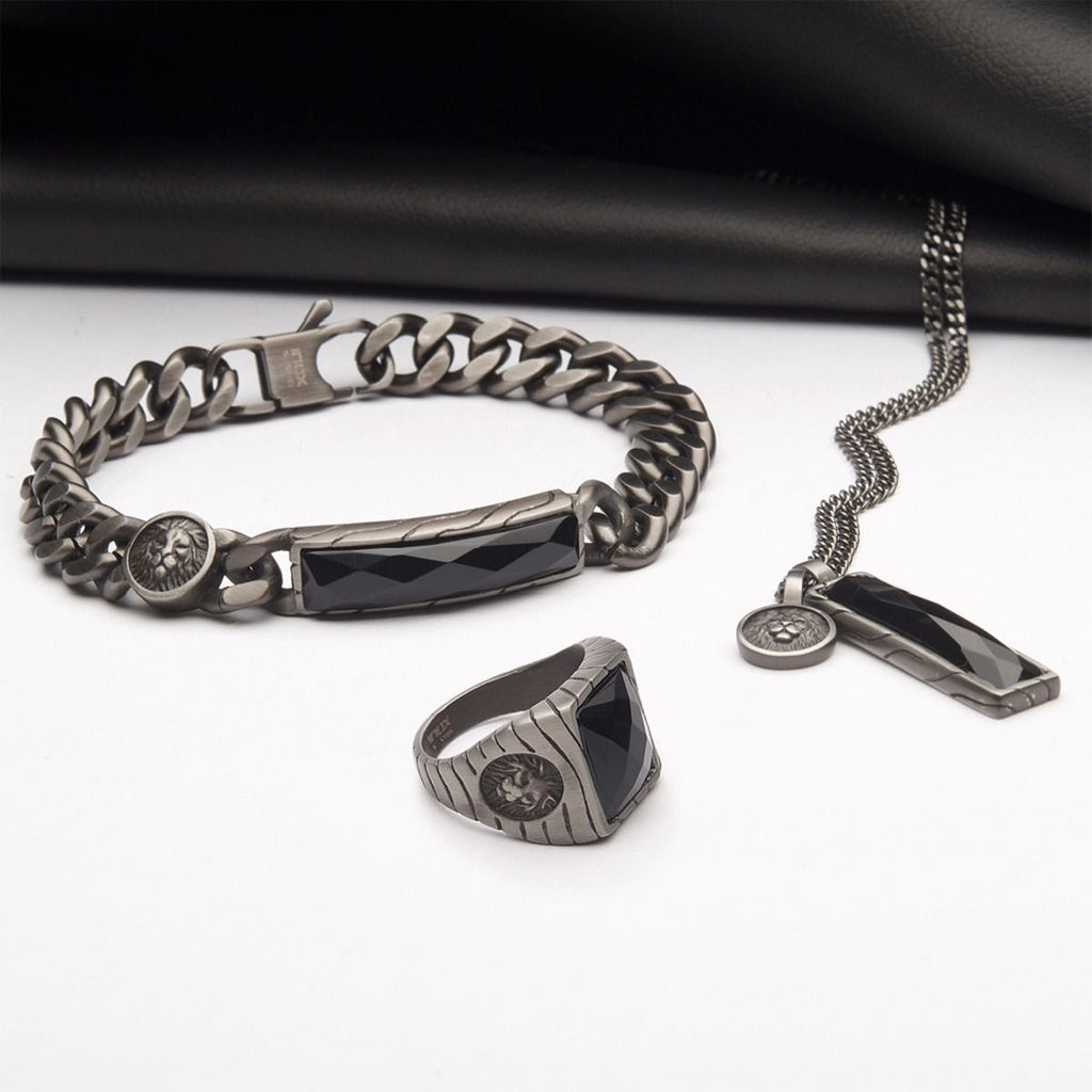 Matte Finish Gun Metal Ip With African Lion Sigil Faceted Black Agate Stone Signet Ring (fr25662gm)